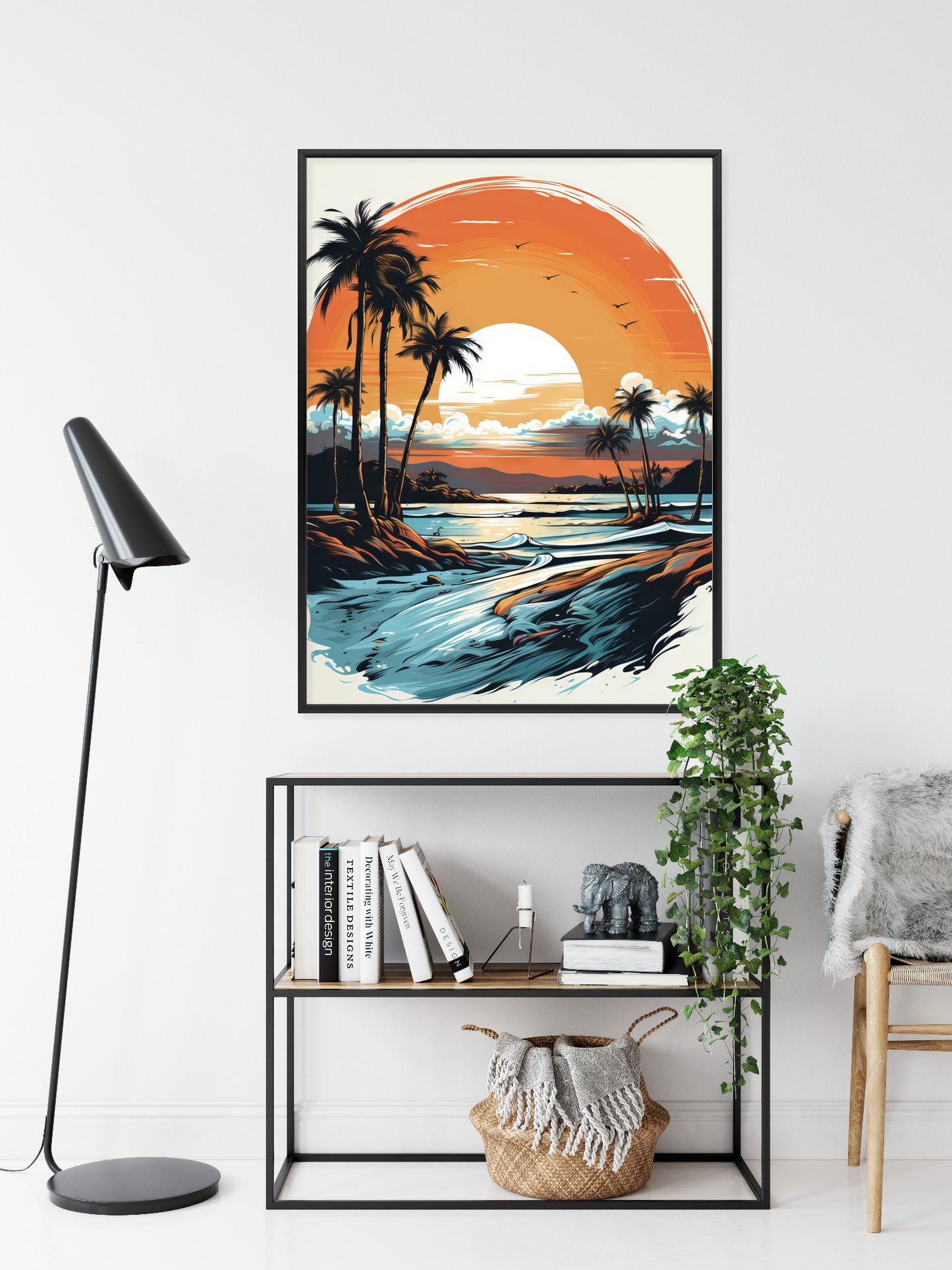 Poster Sonnenuntergang Mit Palmen Und Meer Rahmen Holz Mit Passepartout Farbe Natürlich
