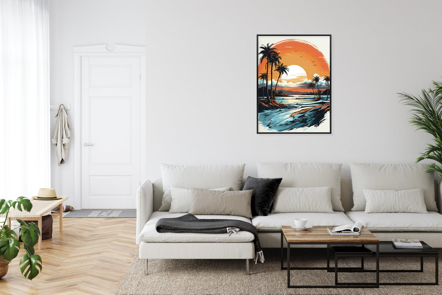 Poster Sonnenuntergang Mit Palmen Und Meer Rahmen Holz Mit Passepartout Farbe Natürlich