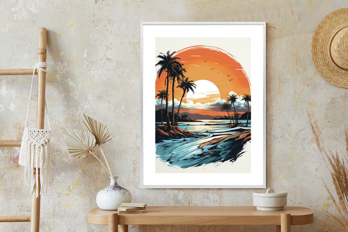 Poster Sonnenuntergang Mit Palmen Und Meer Rahmen Holz Mit Passepartout Farbe Natürlich
