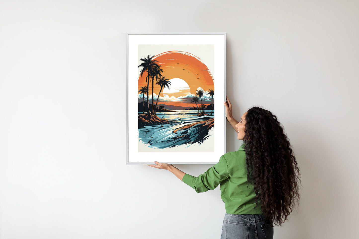 Poster Sonnenuntergang Mit Palmen Und Meer Rahmen Holz Mit Passepartout Farbe Natürlich