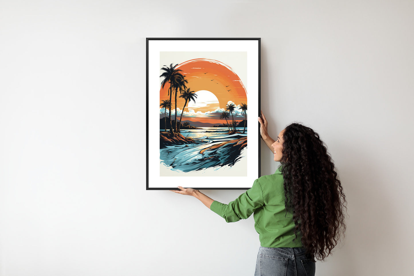 Poster Sonnenuntergang Mit Palmen Und Meer Rahmen Holz Mit Passepartout Farbe Natürlich