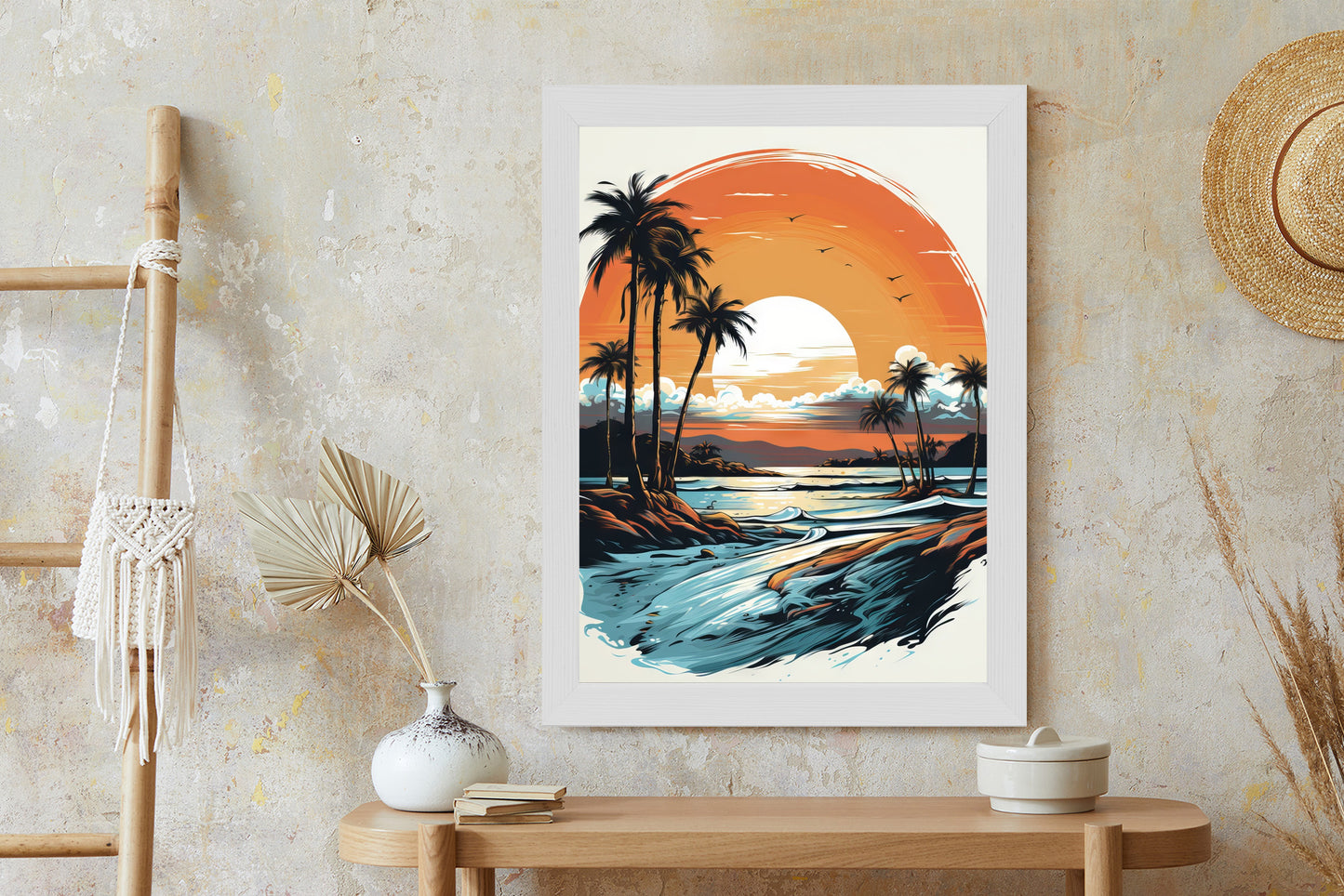 Poster Sonnenuntergang Mit Palmen Und Meer Rahmen Holz Mit Passepartout Farbe Natürlich