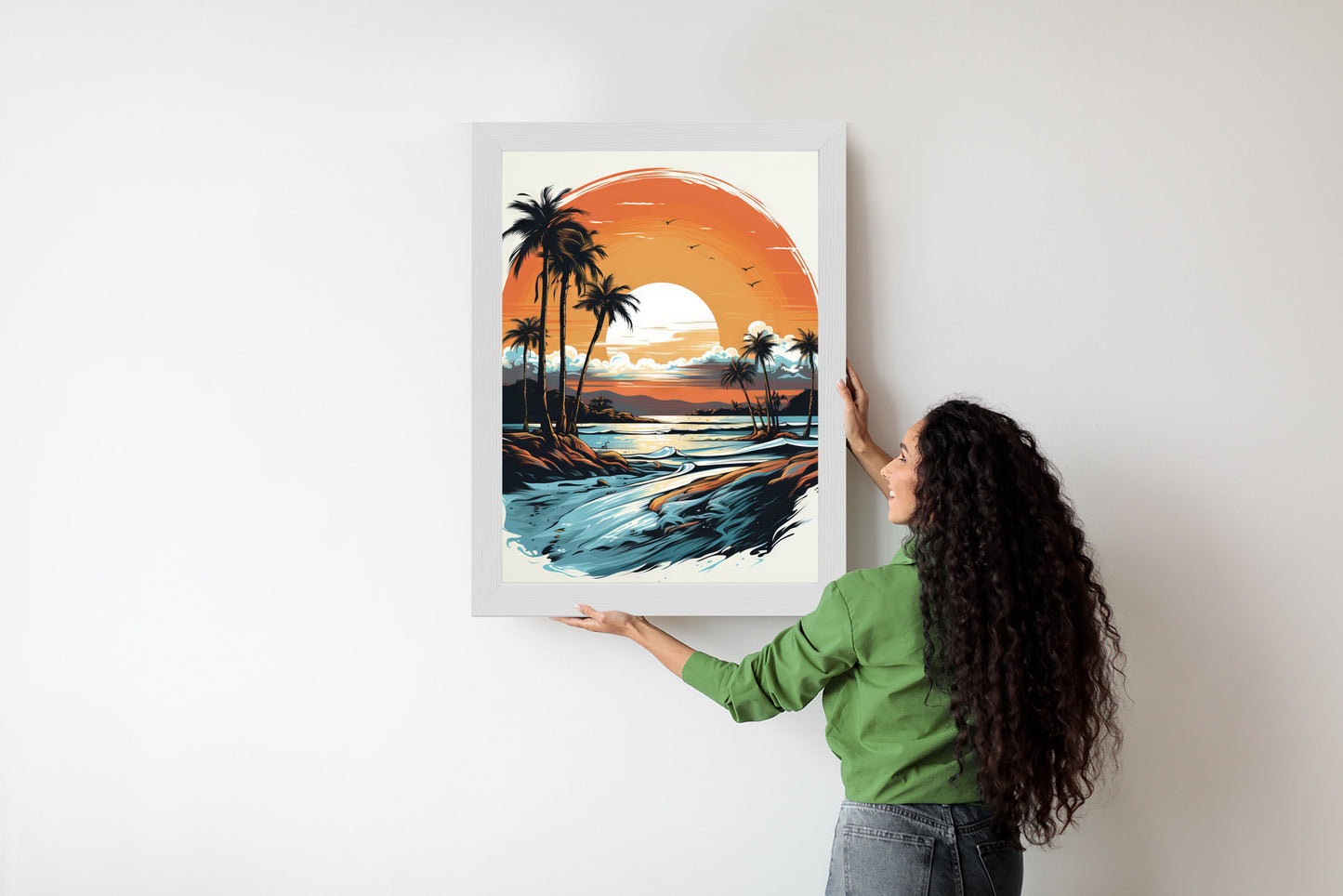 Poster Sonnenuntergang Mit Palmen Und Meer Rahmen Holz Mit Passepartout Farbe Natürlich