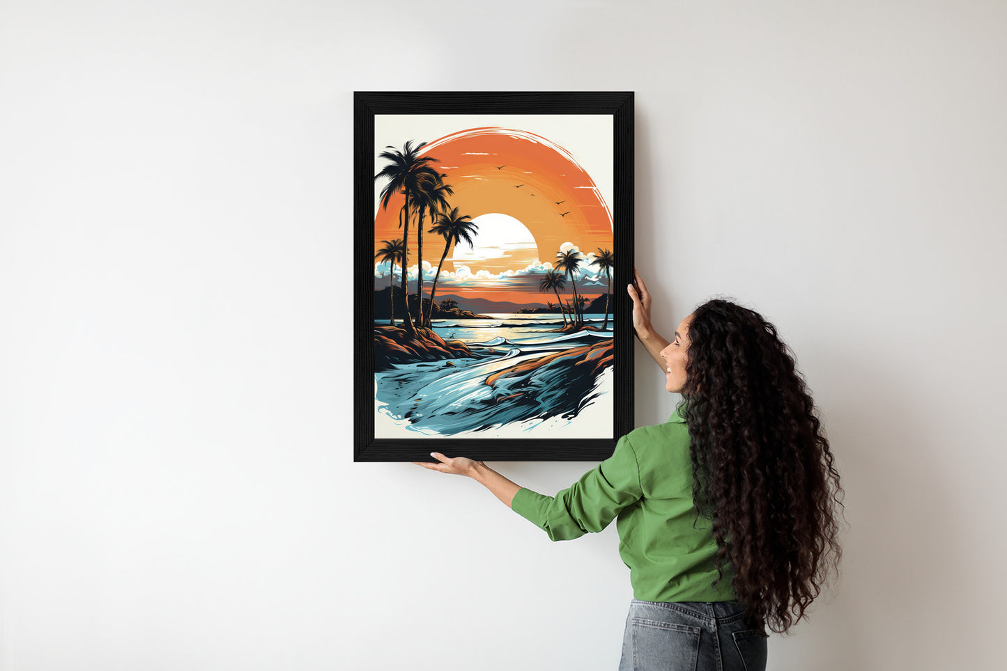 Poster Sonnenuntergang Mit Palmen Und Meer Rahmen Holz Mit Passepartout Farbe Natürlich