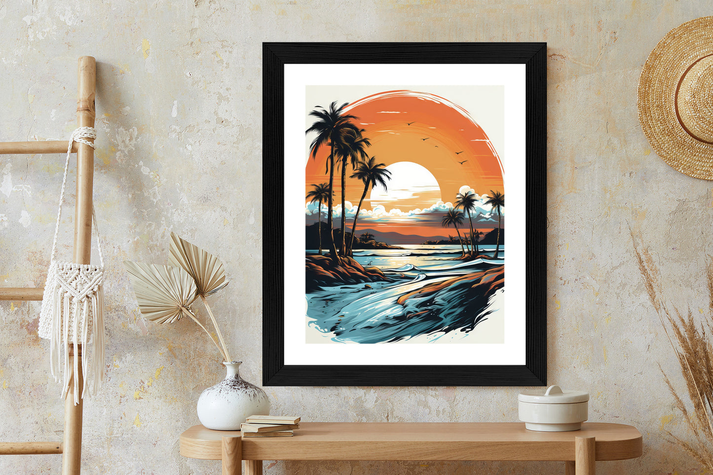 Poster Sonnenuntergang Mit Palmen Und Meer Rahmen Holz Mit Passepartout Farbe Natürlich