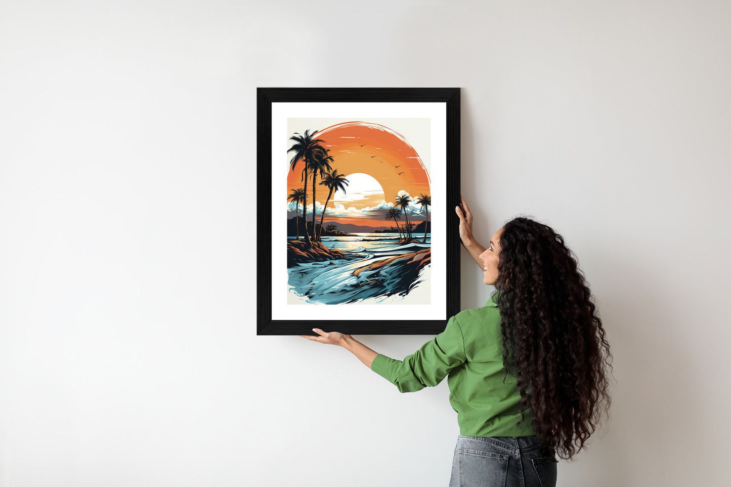 Poster Sonnenuntergang Mit Palmen Und Meer Rahmen Holz Mit Passepartout Farbe Natürlich