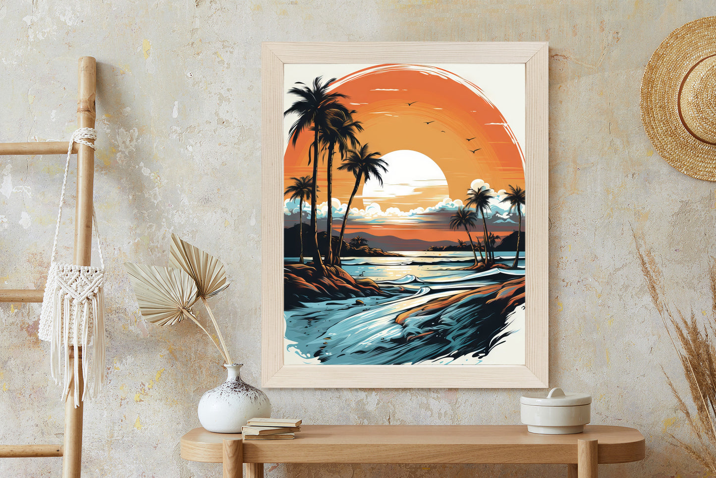 Poster Sonnenuntergang Mit Palmen Und Meer Rahmen Holz Mit Passepartout Farbe Natürlich