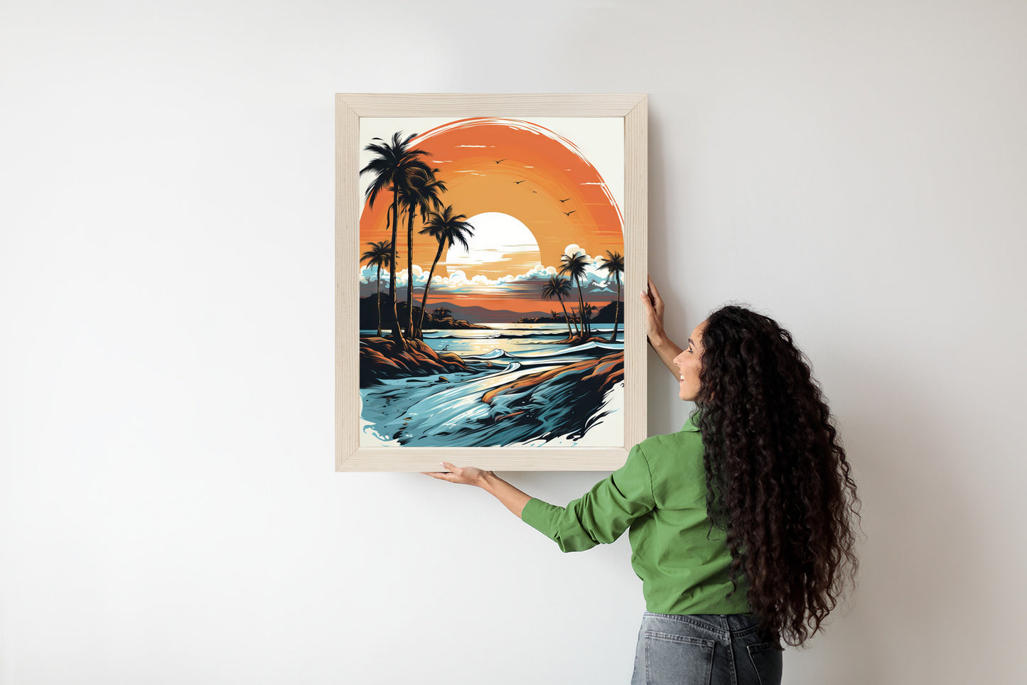 Poster Sonnenuntergang Mit Palmen Und Meer Rahmen Holz Mit Passepartout Farbe Natürlich