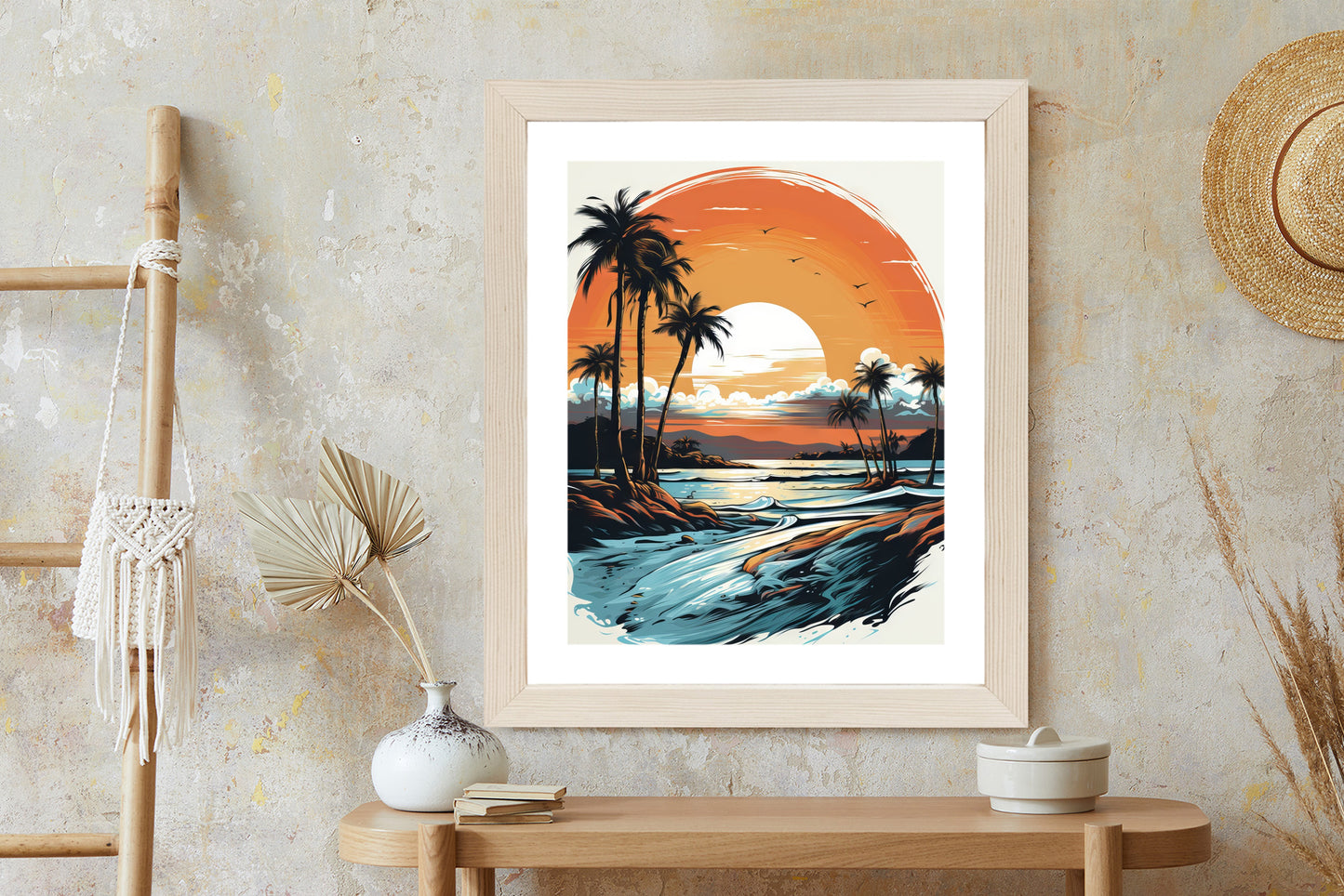 Poster Sonnenuntergang Mit Palmen Und Meer Rahmen Holz Mit Passepartout Farbe Natürlich