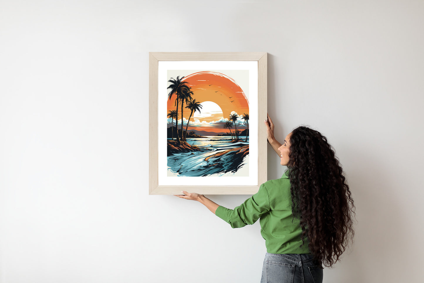 Poster Sonnenuntergang Mit Palmen Und Meer Rahmen Holz Mit Passepartout Farbe Natürlich