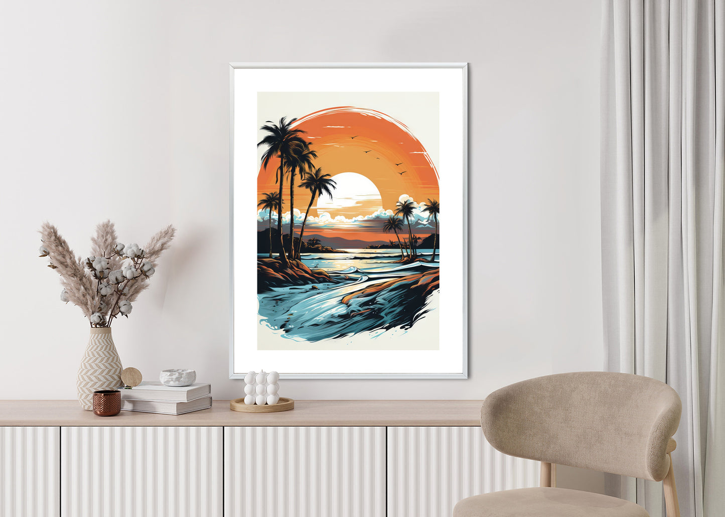 Poster Sonnenuntergang Mit Palmen Und Meer Rahmen Holz Mit Passepartout Farbe Natürlich