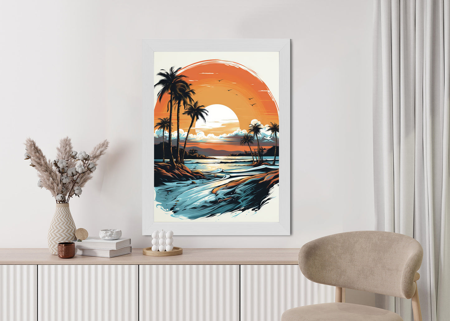 Poster Sonnenuntergang Mit Palmen Und Meer Rahmen Holz Mit Passepartout Farbe Natürlich
