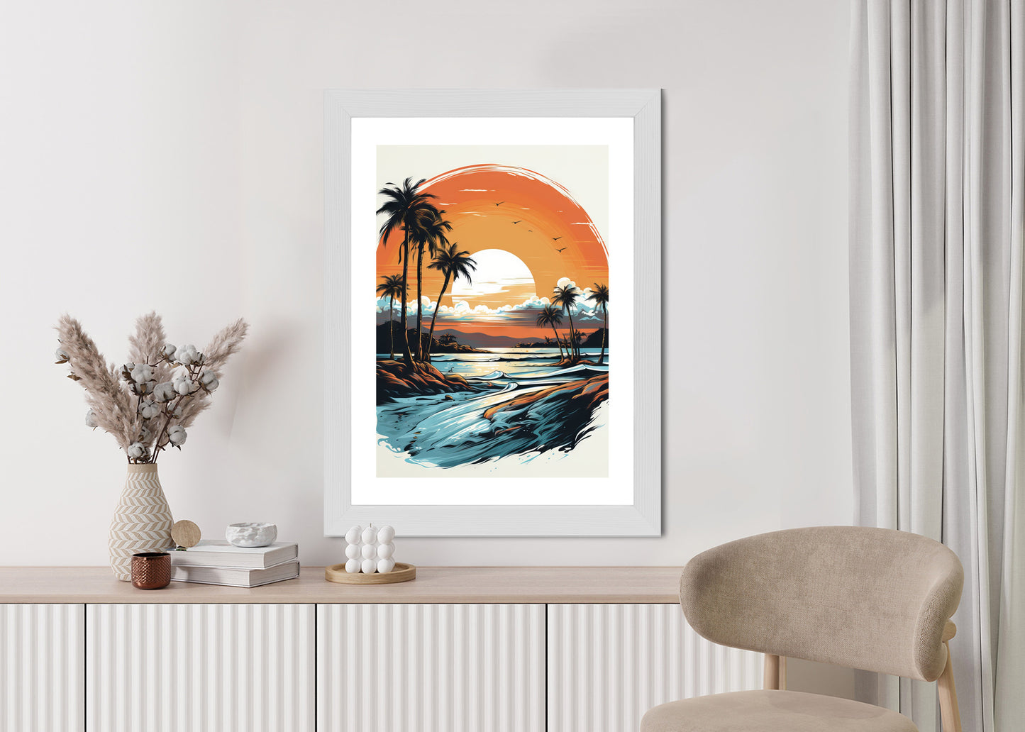 Poster Sonnenuntergang Mit Palmen Und Meer Rahmen Holz Mit Passepartout Farbe Natürlich