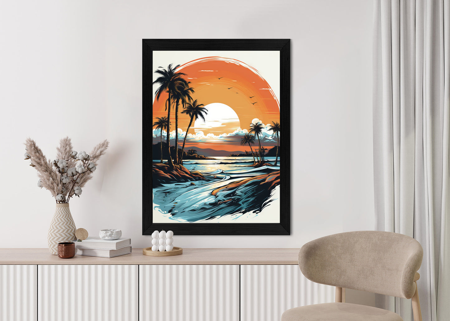 Poster Sonnenuntergang Mit Palmen Und Meer Rahmen Holz Mit Passepartout Farbe Natürlich