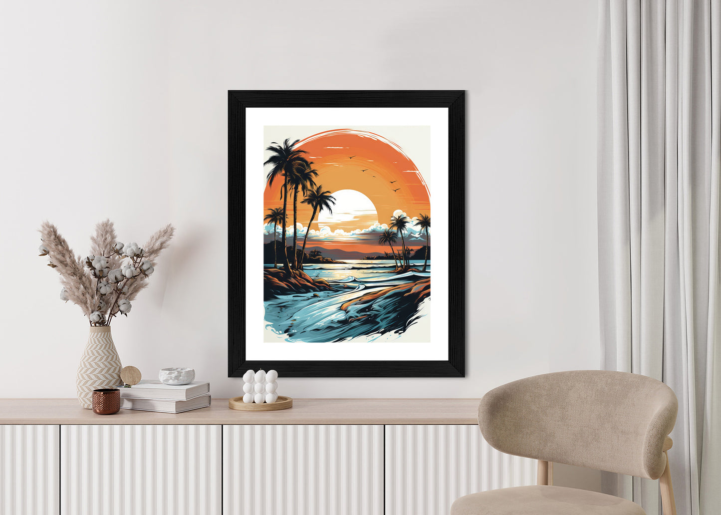 Poster Sonnenuntergang Mit Palmen Und Meer Rahmen Holz Mit Passepartout Farbe Natürlich