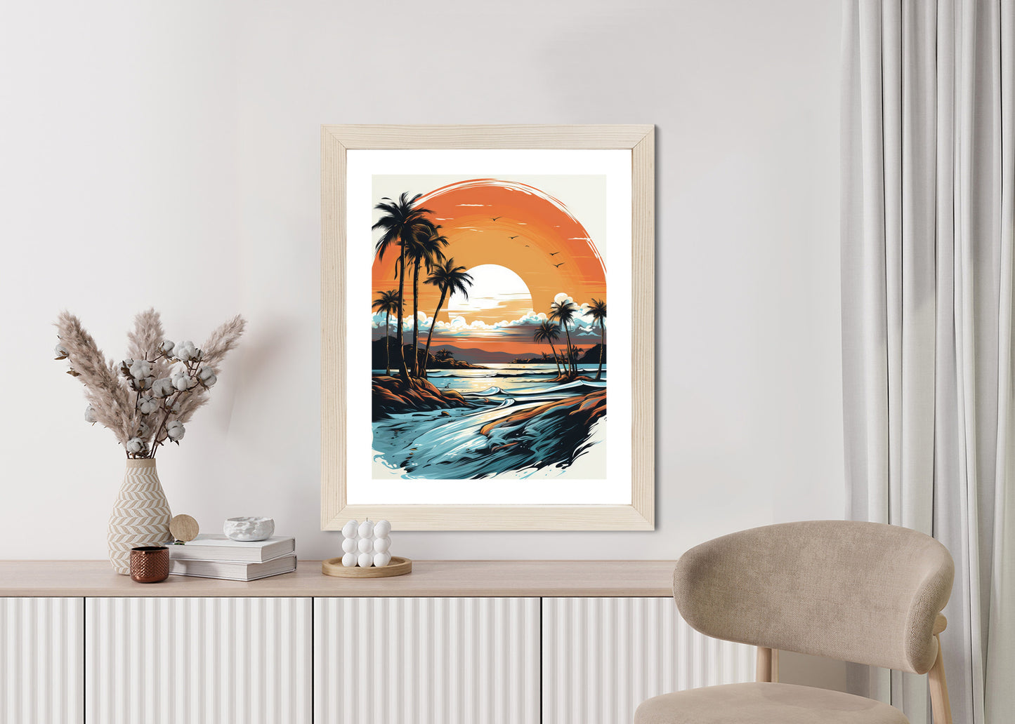 Poster Sonnenuntergang Mit Palmen Und Meer Rahmen Holz Mit Passepartout Farbe Natürlich