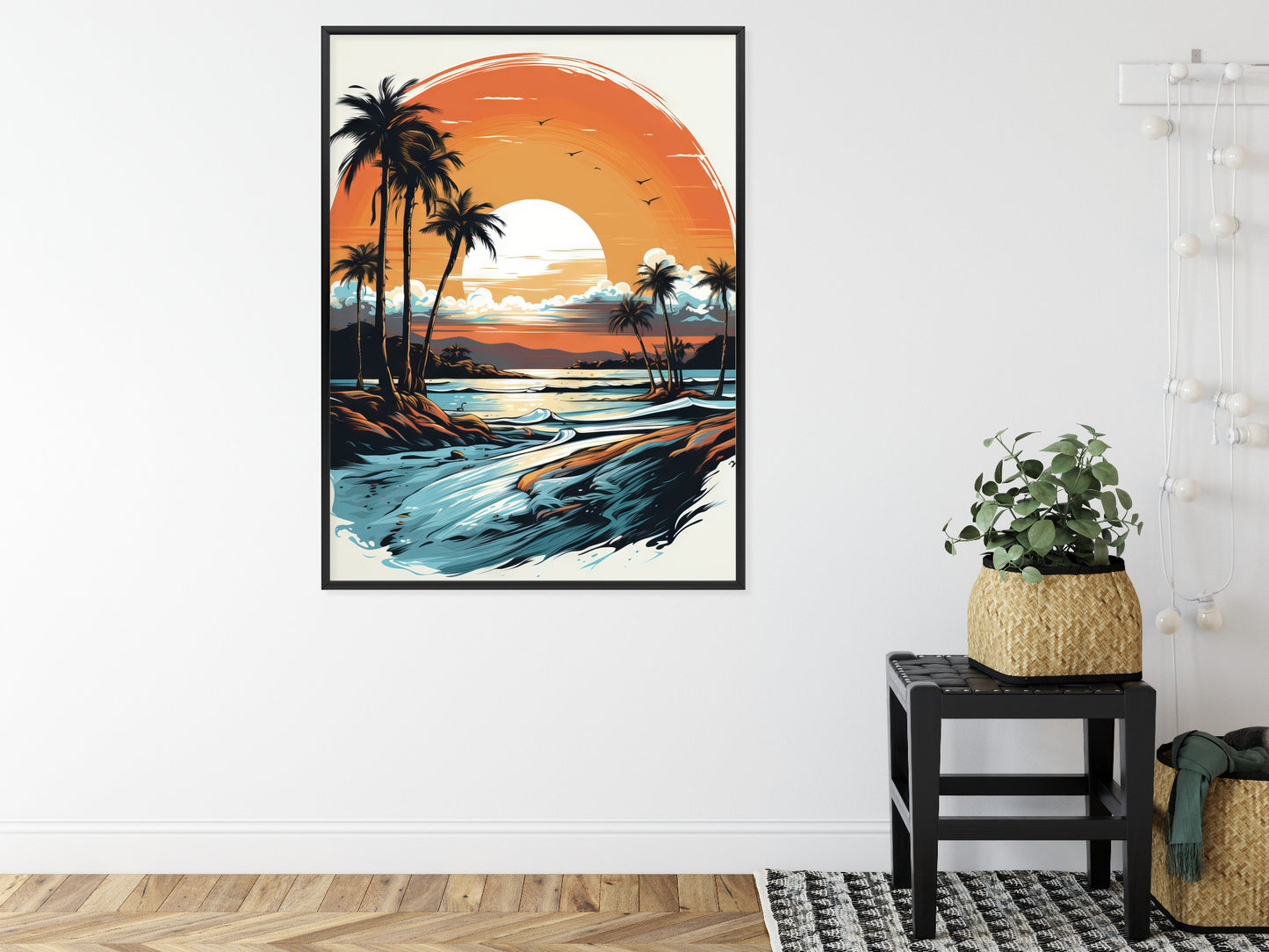 Poster Sonnenuntergang Mit Palmen Und Meer Rahmen Holz Mit Passepartout Farbe Natürlich