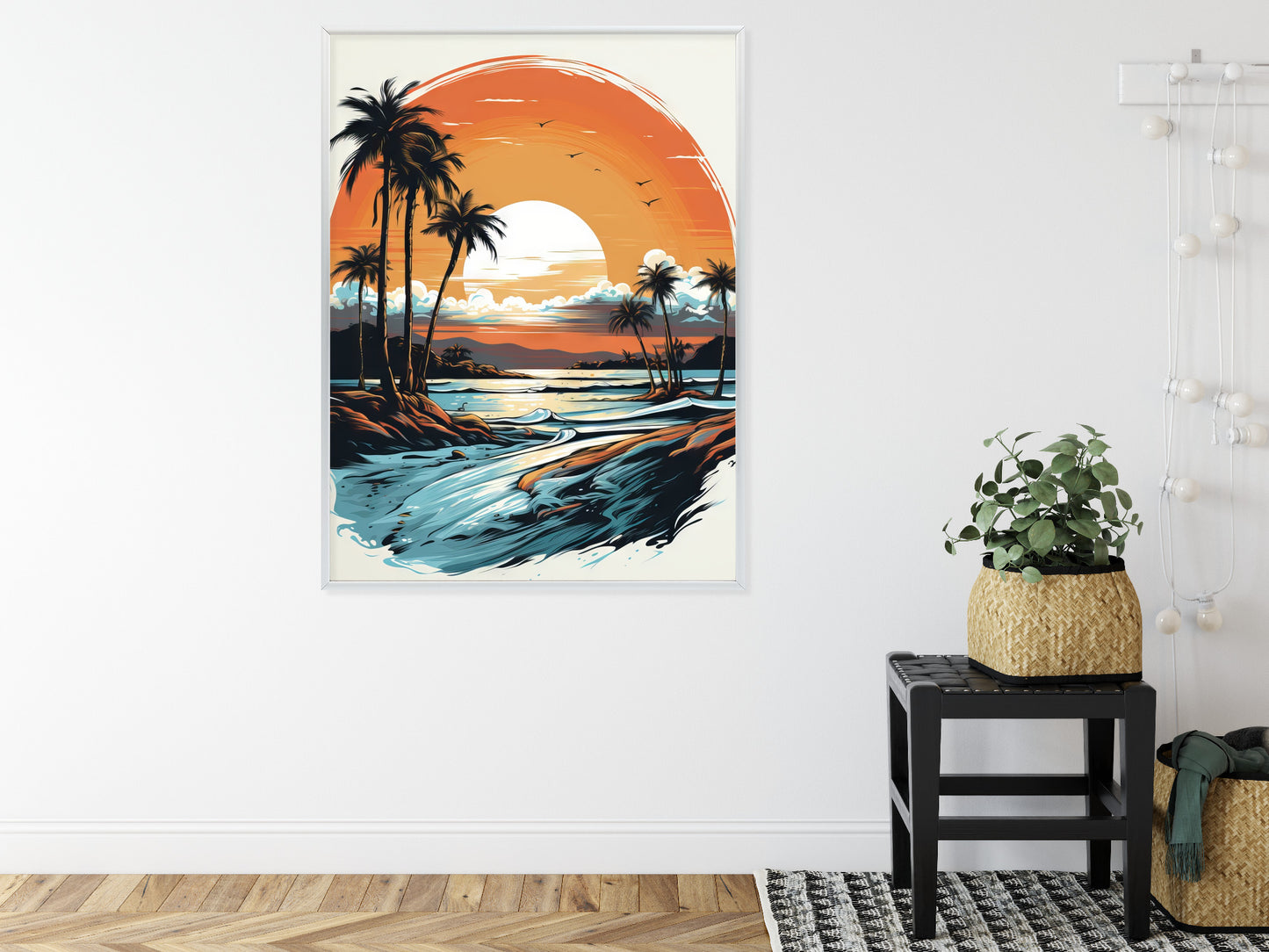 Poster Sonnenuntergang Mit Palmen Und Meer Rahmen Holz Mit Passepartout Farbe Natürlich