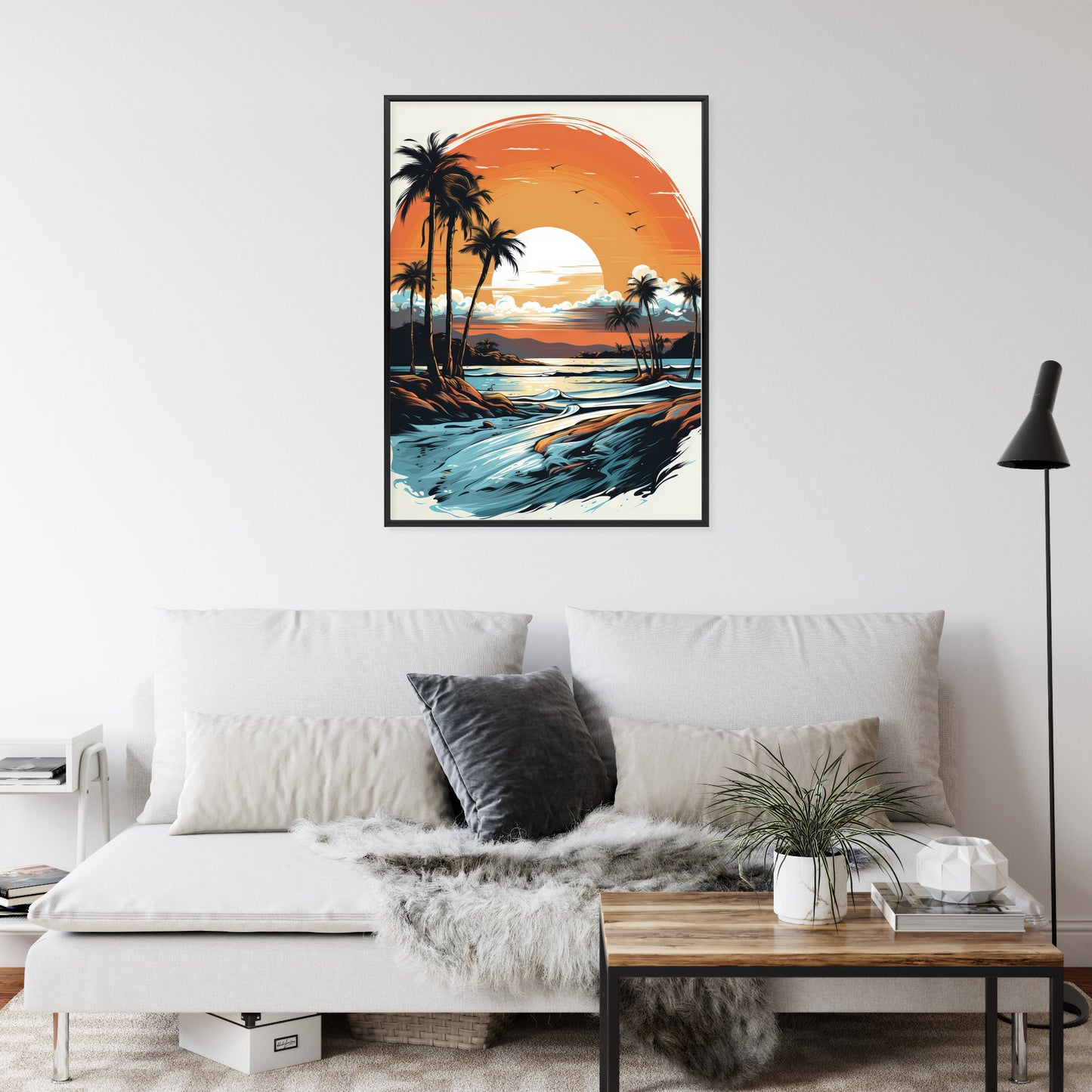 Poster Sonnenuntergang Mit Palmen Und Meer Rahmen Holz Mit Passepartout Farbe Natürlich