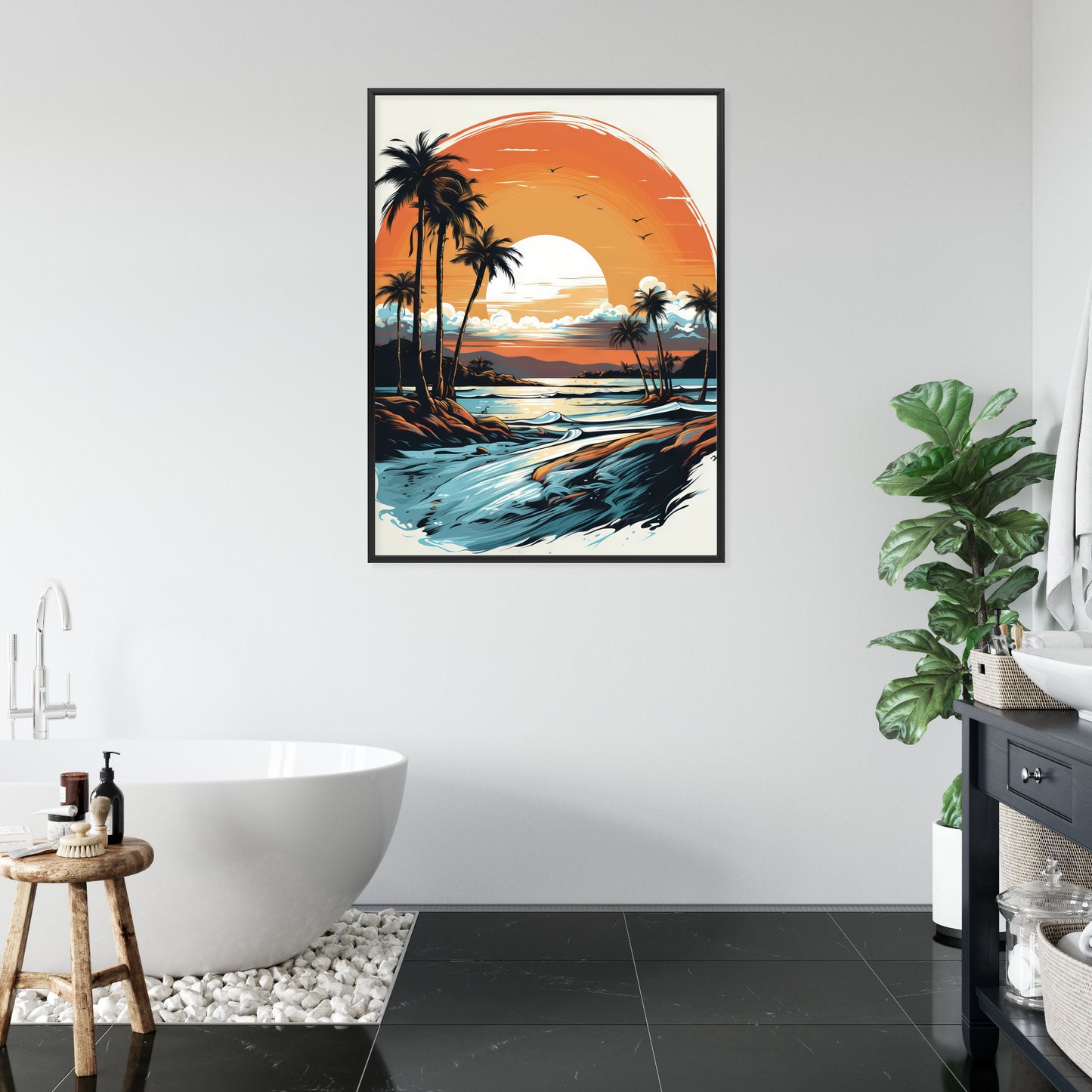 Poster Sonnenuntergang Mit Palmen Und Meer Rahmen Holz Mit Passepartout Farbe Natürlich