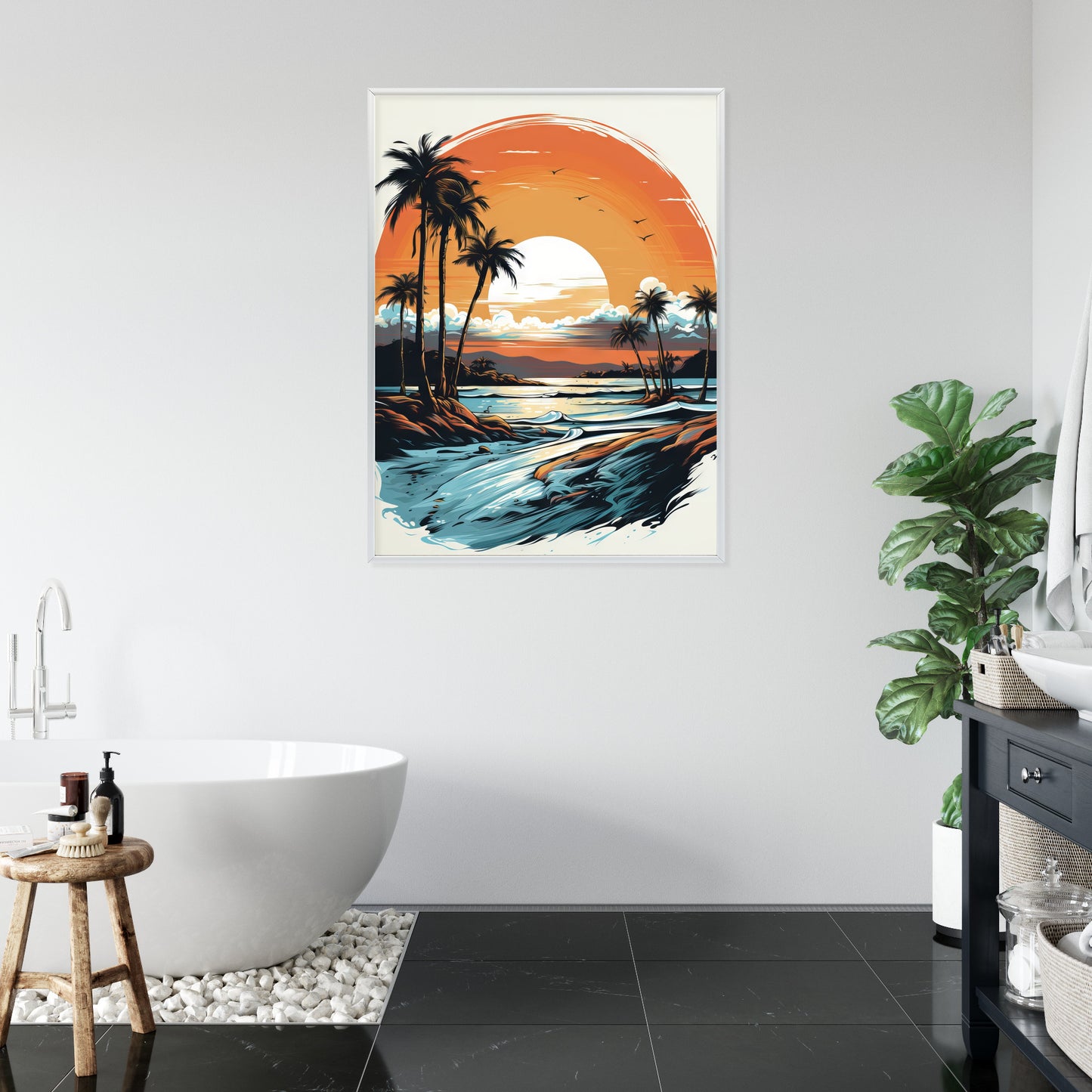 Poster Sonnenuntergang Mit Palmen Und Meer Rahmen Holz Mit Passepartout Farbe Natürlich