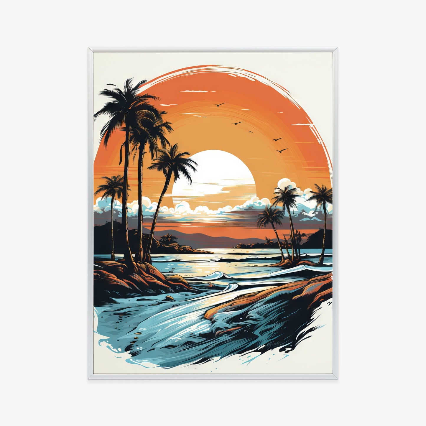 Poster Sonnenuntergang Mit Palmen Und Meer Rahmen Holz Mit Passepartout Farbe Natürlich