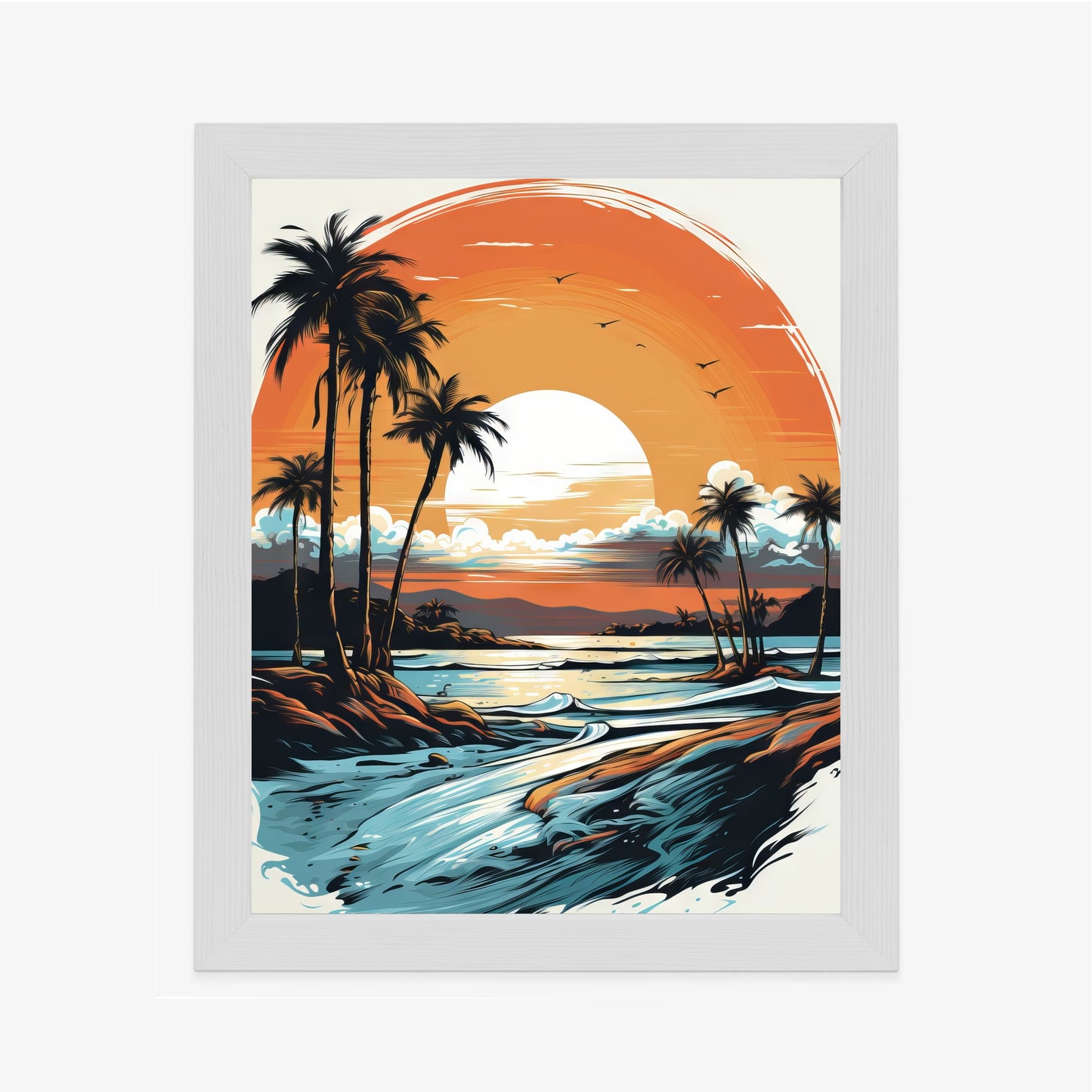 Poster Sonnenuntergang Mit Palmen Und Meer Rahmen Holz Mit Passepartout Farbe Natürlich
