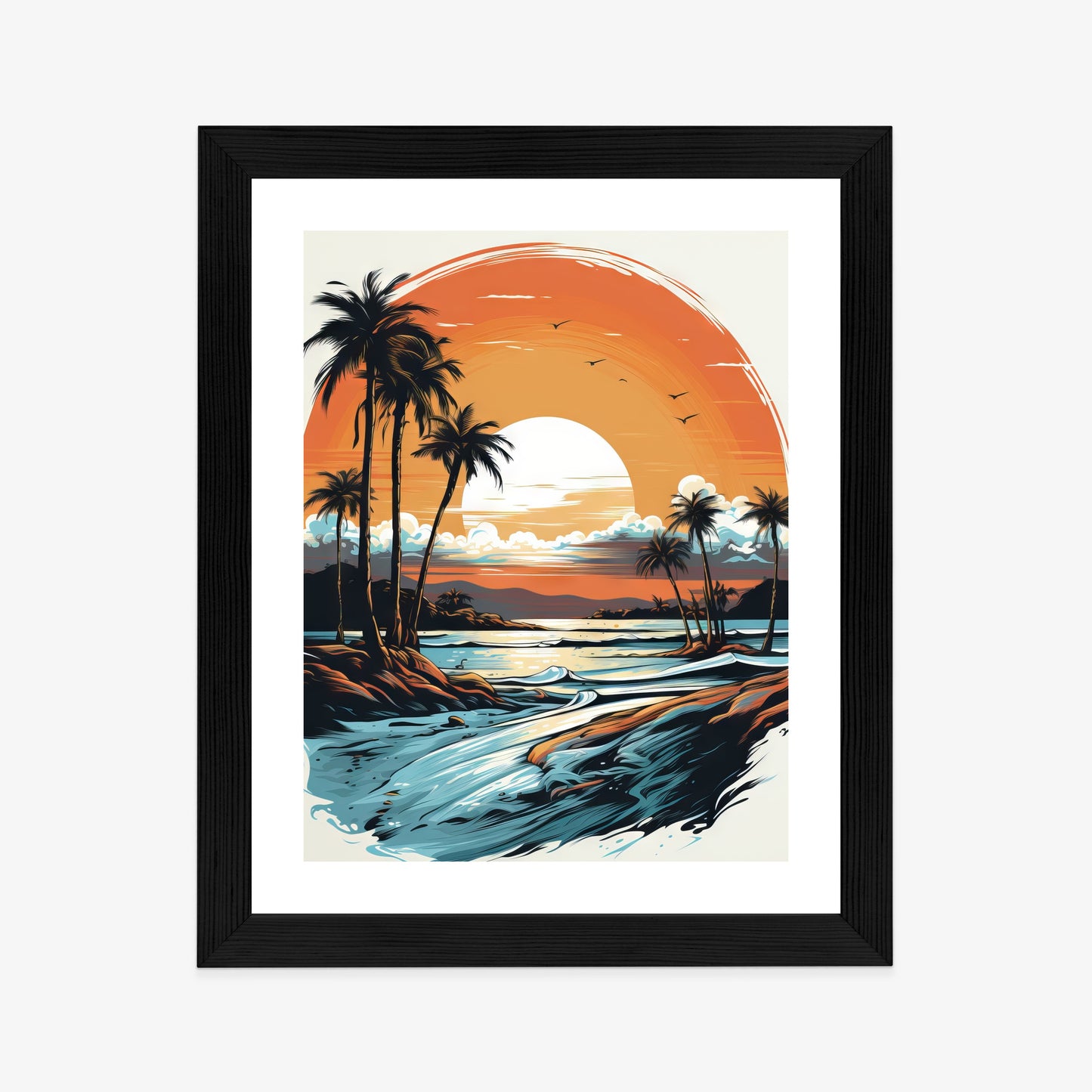 Poster Sonnenuntergang Mit Palmen Und Meer Rahmen Holz Mit Passepartout Farbe Natürlich