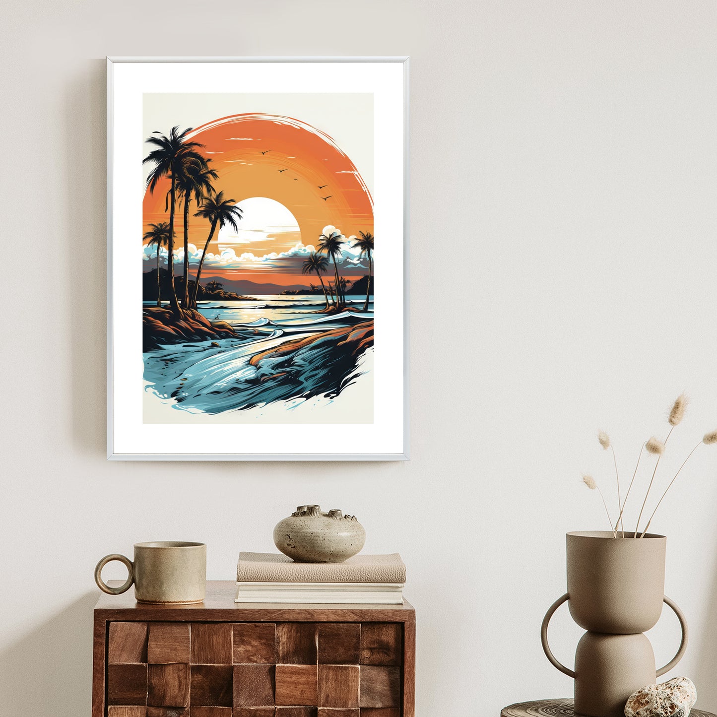 Poster Sonnenuntergang Mit Palmen Und Meer Rahmen Holz Mit Passepartout Farbe Natürlich