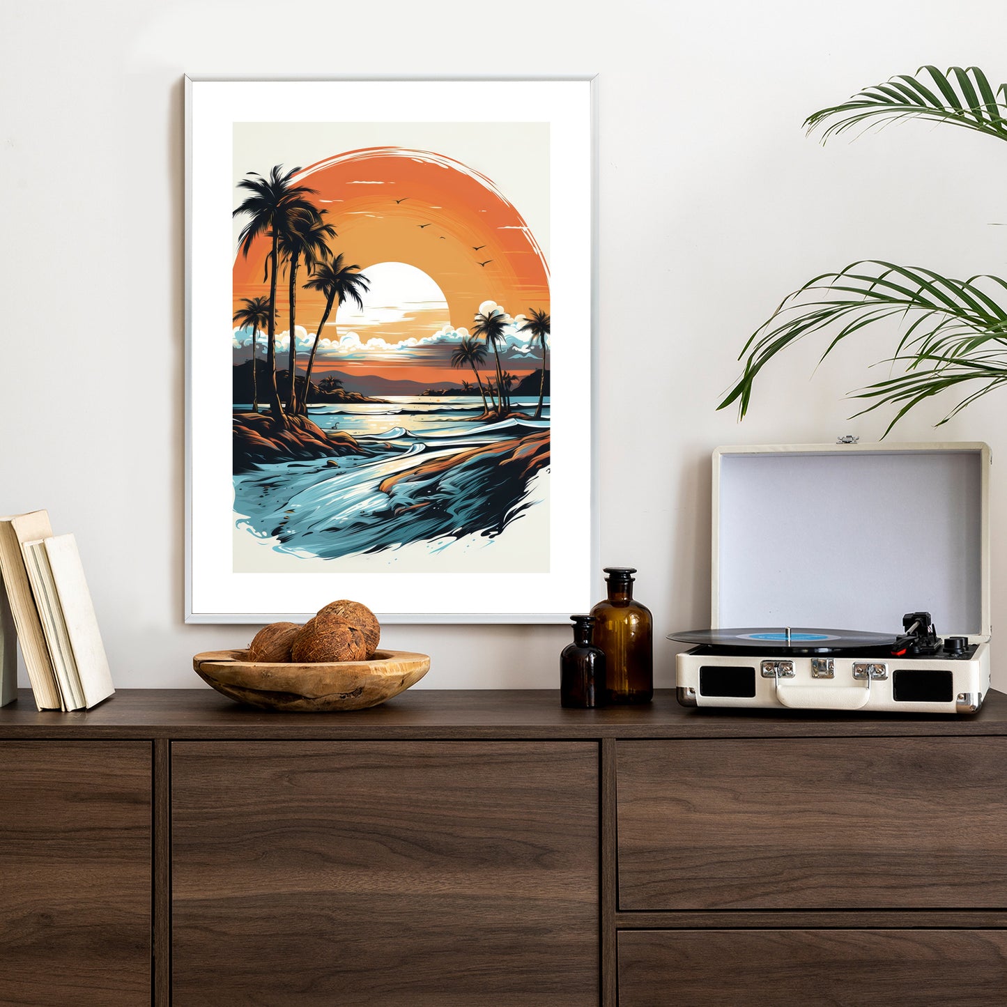 Poster Sonnenuntergang Mit Palmen Und Meer Rahmen Holz Mit Passepartout Farbe Natürlich