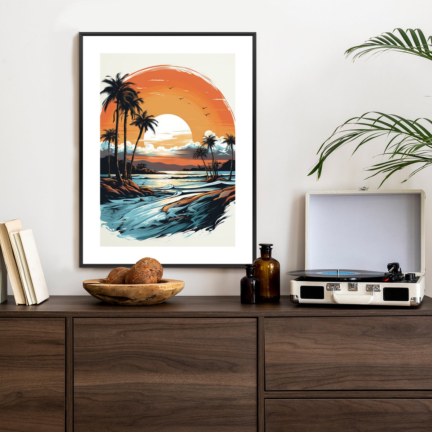 Poster Sonnenuntergang Mit Palmen Und Meer Rahmen Holz Mit Passepartout Farbe Natürlich