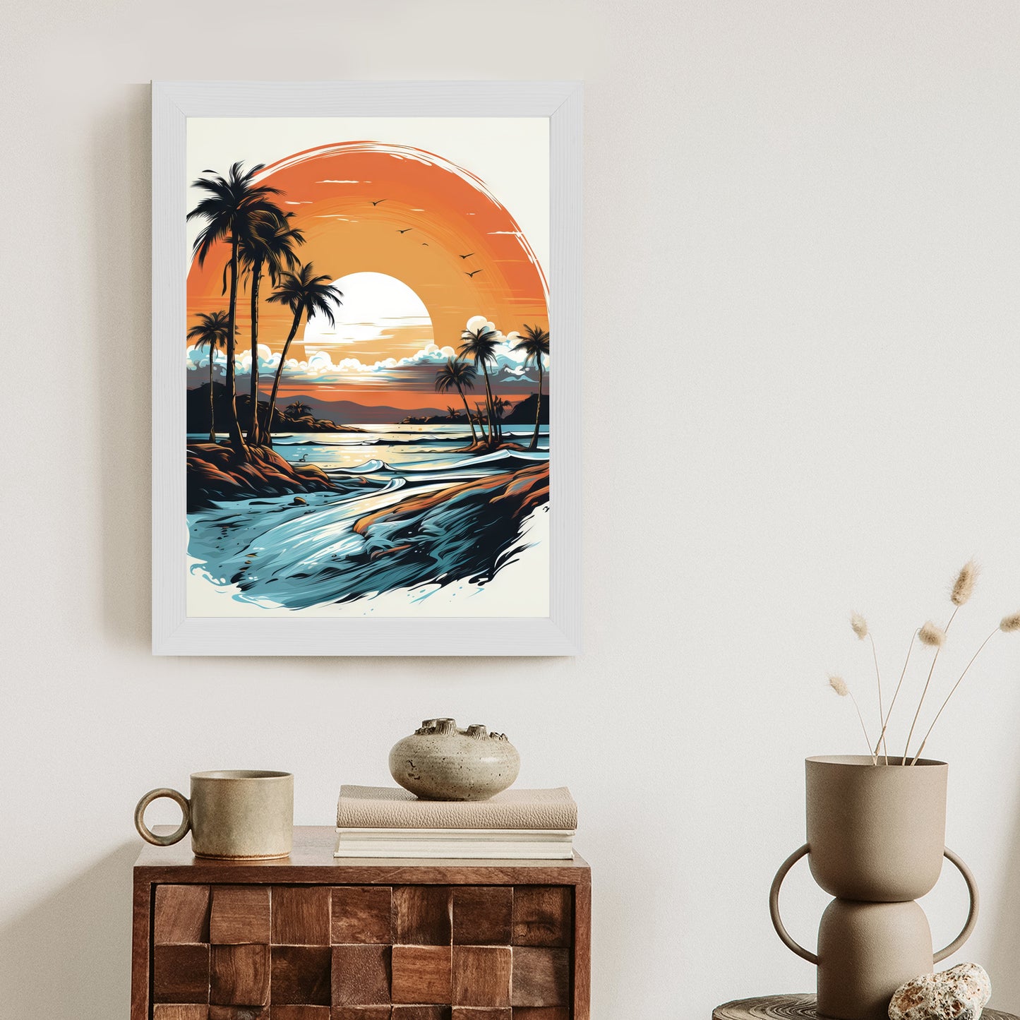 Poster Sonnenuntergang Mit Palmen Und Meer Rahmen Holz Mit Passepartout Farbe Natürlich