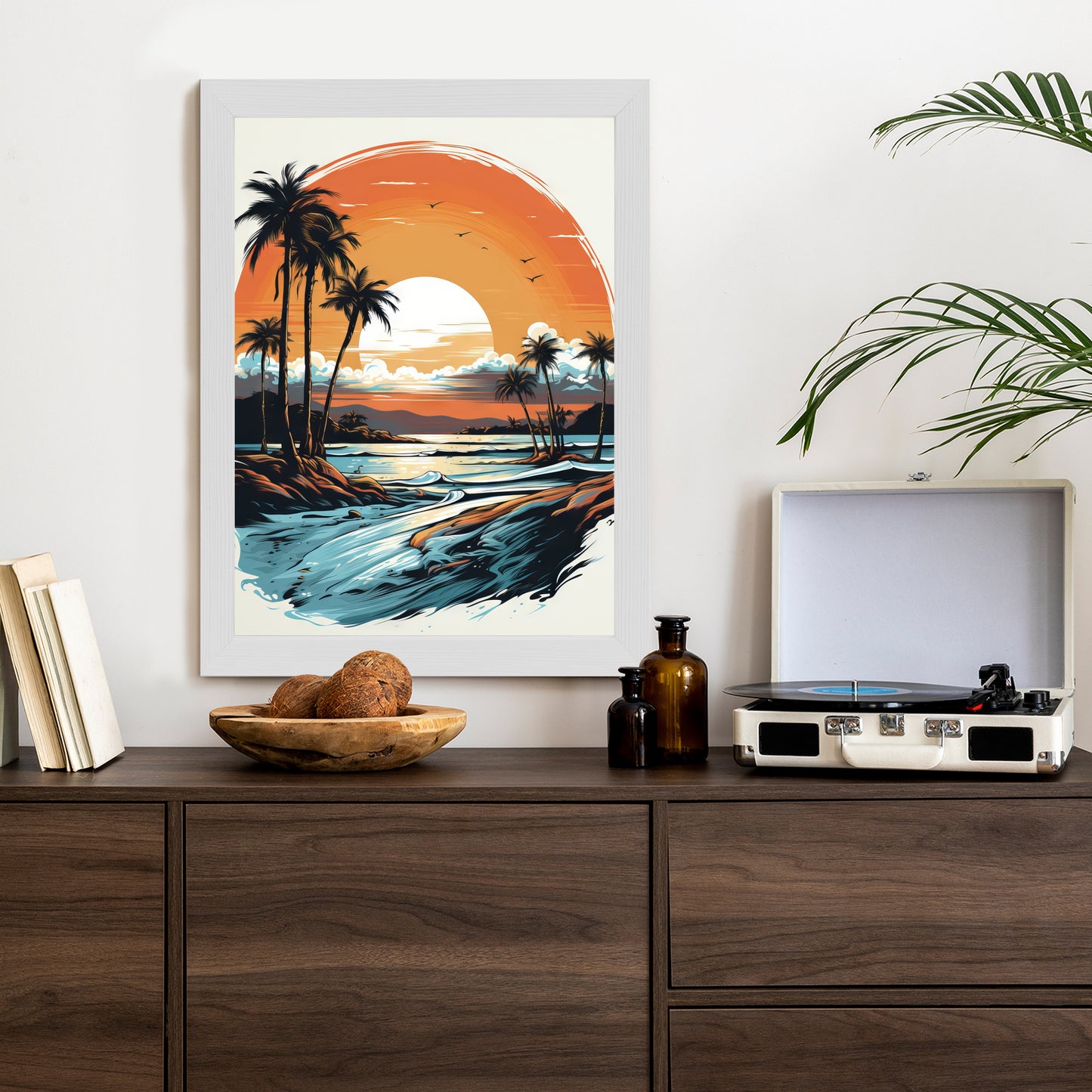 Poster Sonnenuntergang Mit Palmen Und Meer Rahmen Holz Mit Passepartout Farbe Natürlich