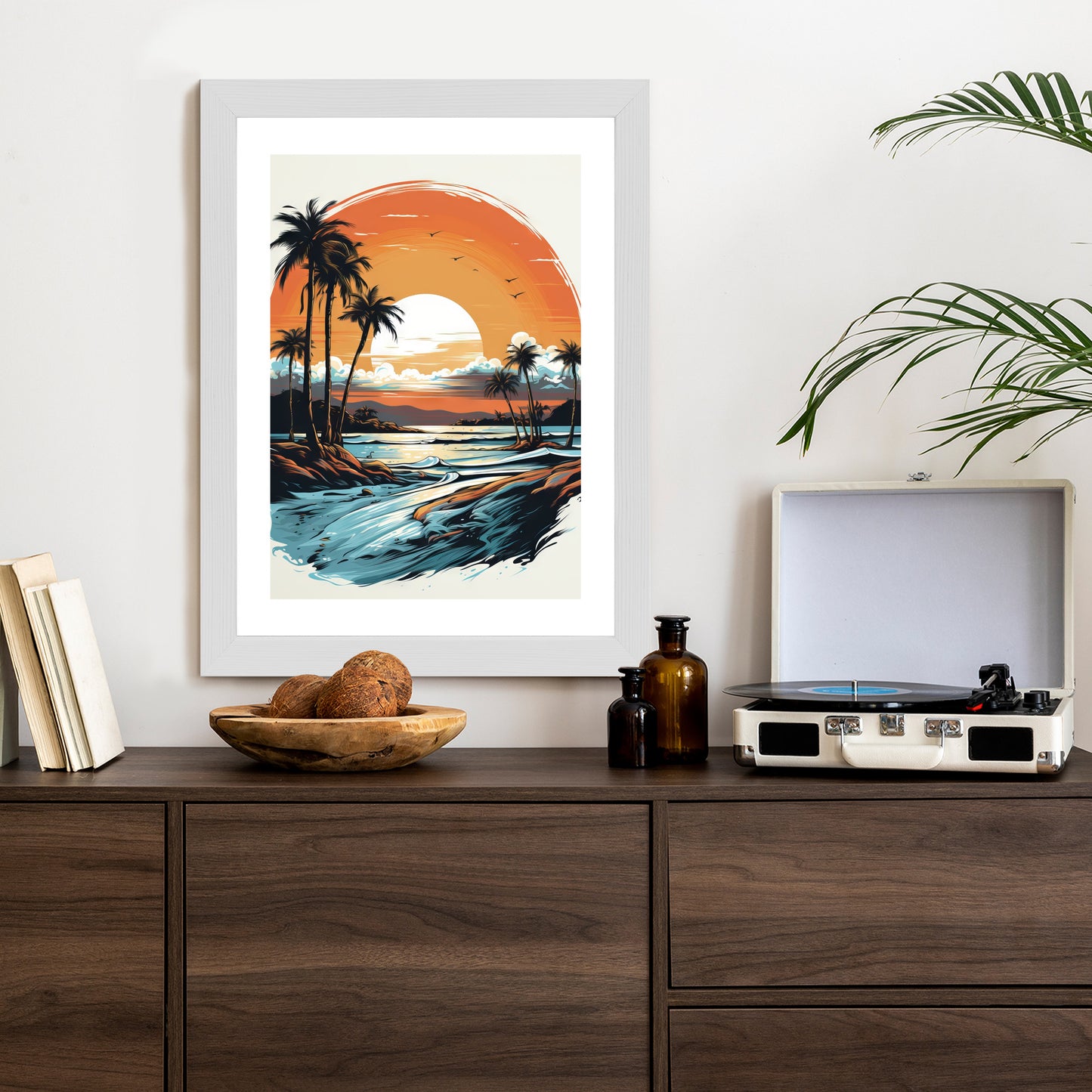 Poster Sonnenuntergang Mit Palmen Und Meer Rahmen Holz Mit Passepartout Farbe Natürlich
