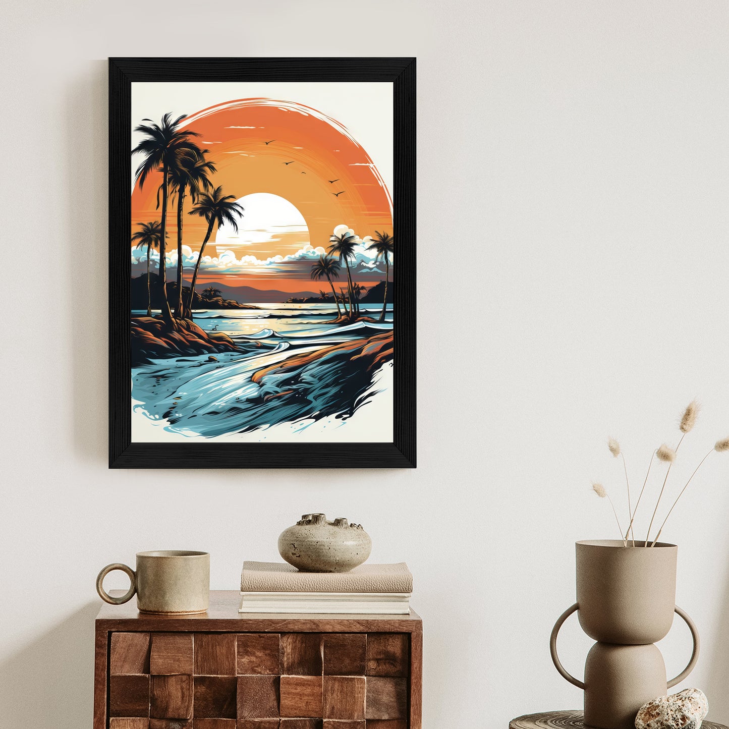 Poster Sonnenuntergang Mit Palmen Und Meer Rahmen Holz Mit Passepartout Farbe Natürlich