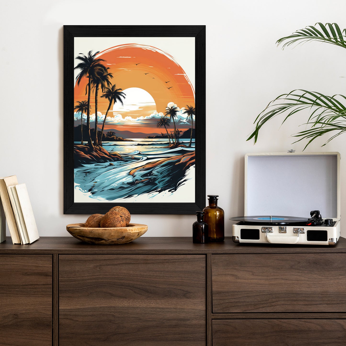 Poster Sonnenuntergang Mit Palmen Und Meer Rahmen Holz Mit Passepartout Farbe Natürlich