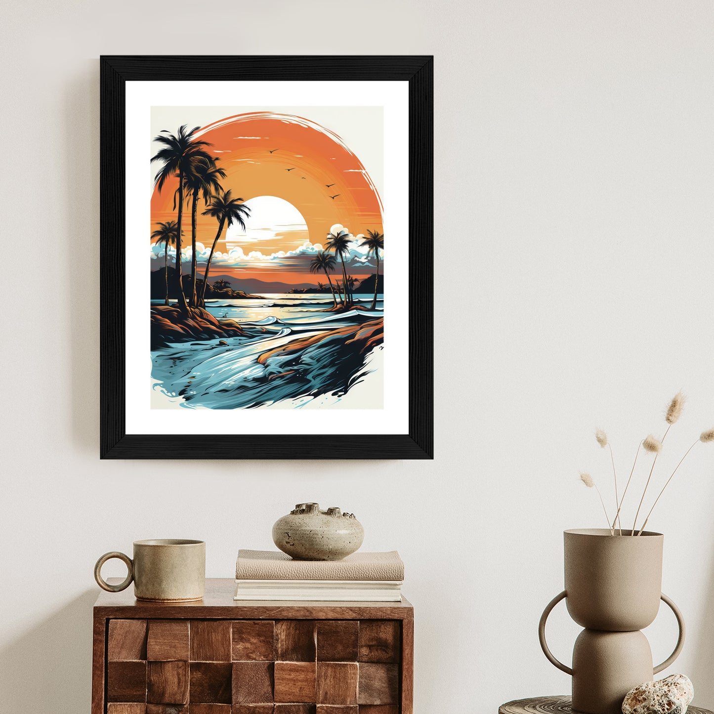 Poster Sonnenuntergang Mit Palmen Und Meer Rahmen Holz Mit Passepartout Farbe Natürlich