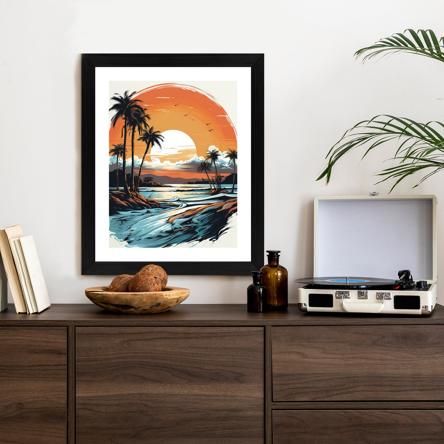 Poster Sonnenuntergang Mit Palmen Und Meer Rahmen Holz Mit Passepartout Farbe Natürlich