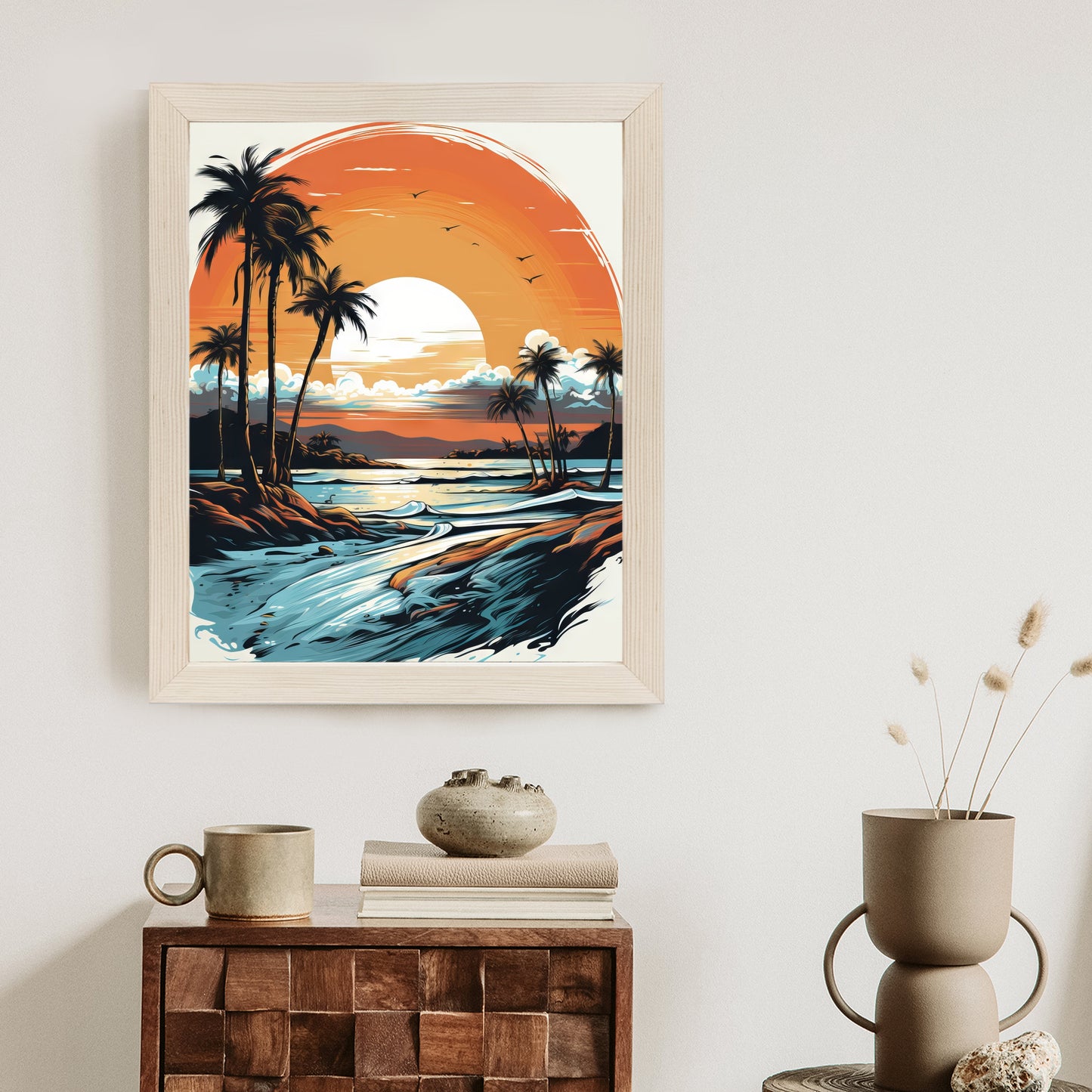 Poster Sonnenuntergang Mit Palmen Und Meer Rahmen Holz Mit Passepartout Farbe Natürlich
