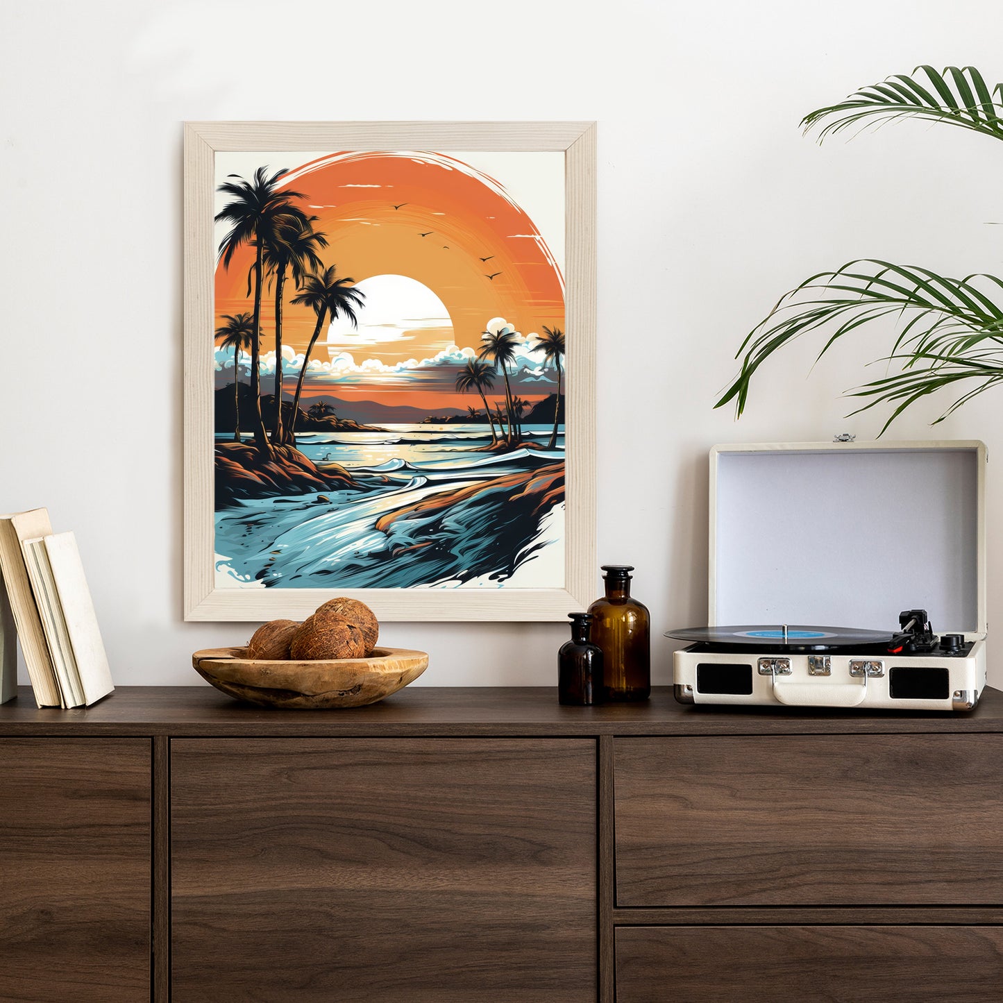 Poster Sonnenuntergang Mit Palmen Und Meer Rahmen Holz Mit Passepartout Farbe Natürlich