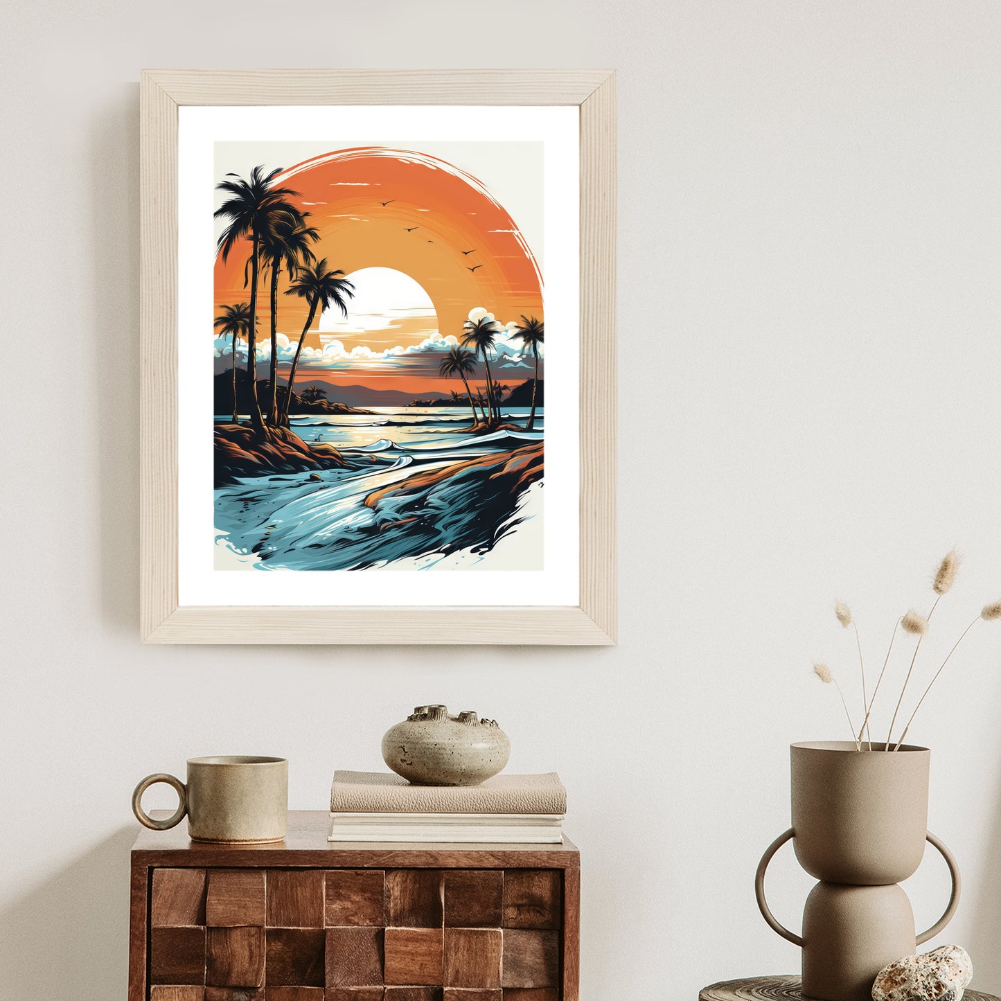 Poster Sonnenuntergang Mit Palmen Und Meer Rahmen Holz Mit Passepartout Farbe Natürlich