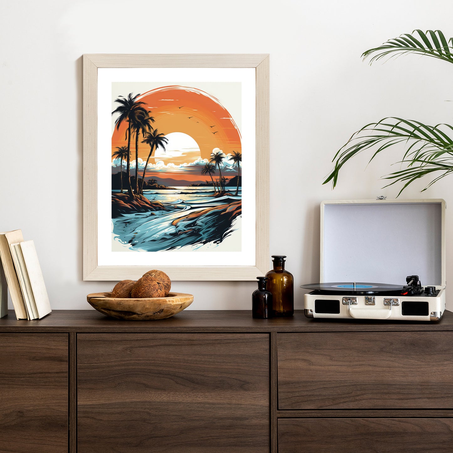 Poster Sonnenuntergang Mit Palmen Und Meer Rahmen Holz Mit Passepartout Farbe Natürlich