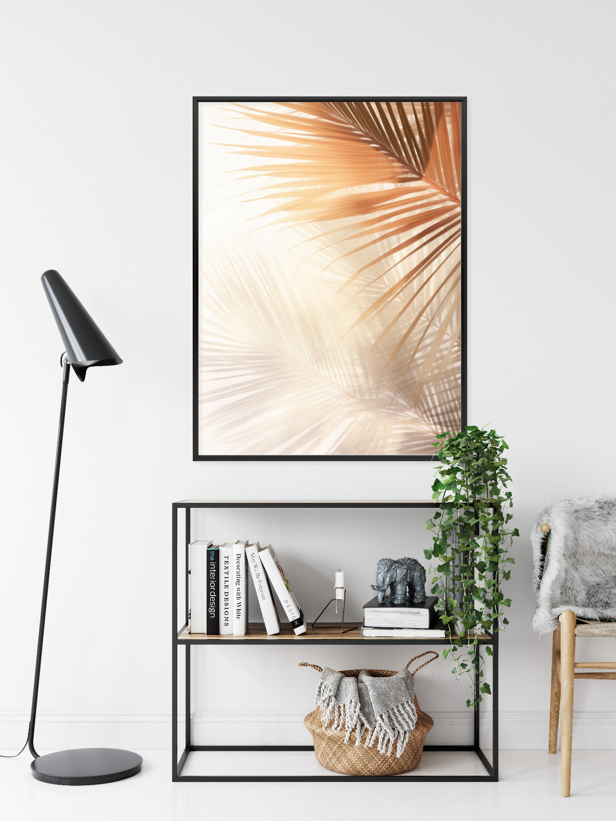 Poster Tropische Palmblätter Mit Schatten Rahmen Holz Mit Passepartout Farbe Natürlich
