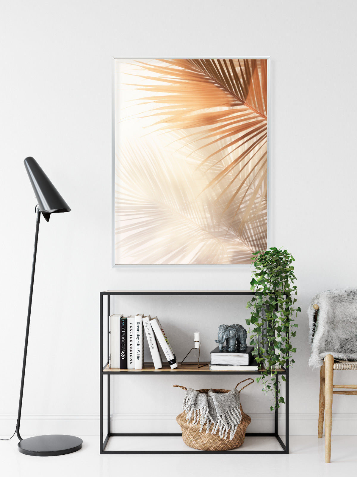 Poster Tropische Palmblätter Mit Schatten Rahmen Holz Mit Passepartout Farbe Natürlich