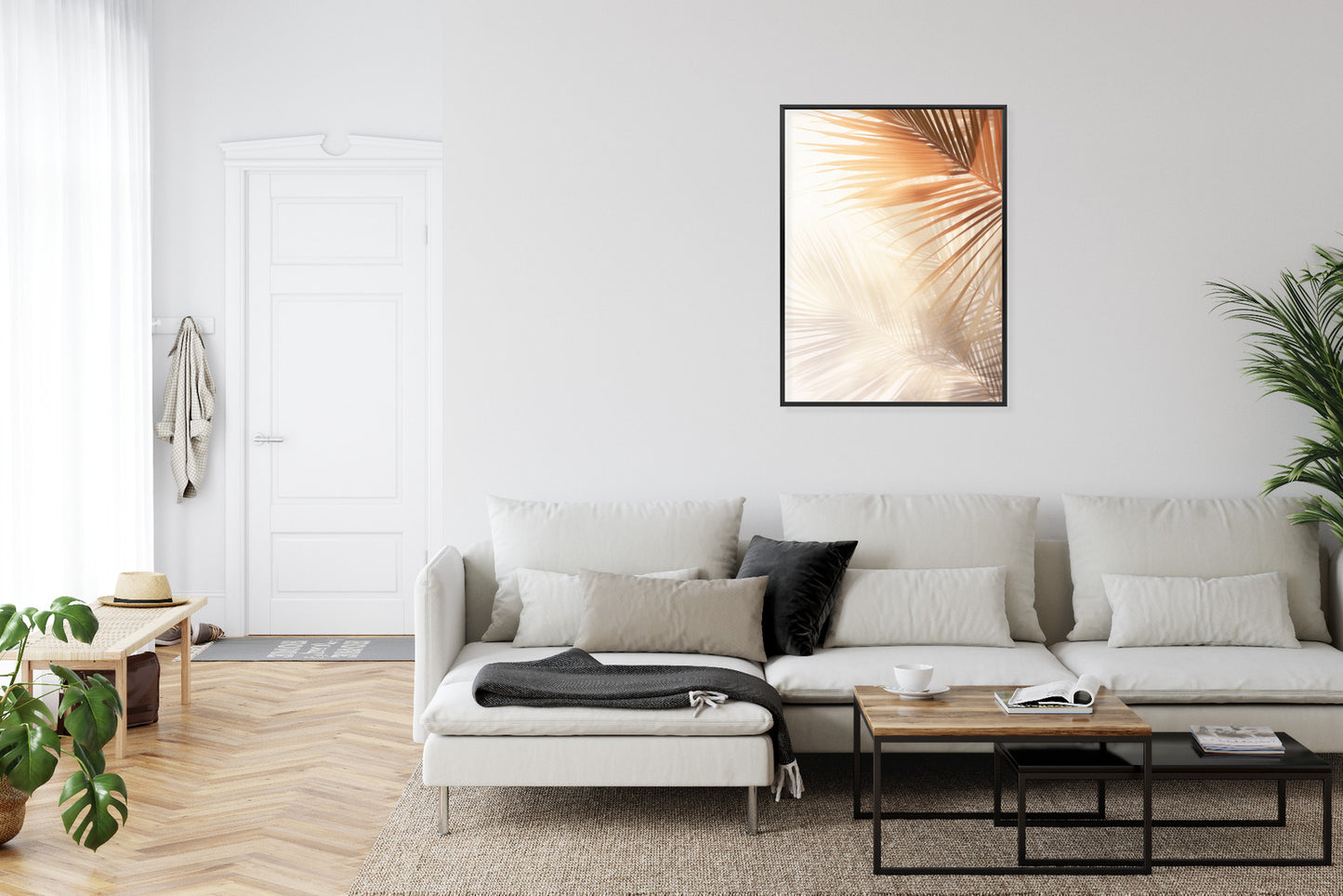 Poster Tropische Palmblätter Mit Schatten Rahmen Holz Mit Passepartout Farbe Natürlich