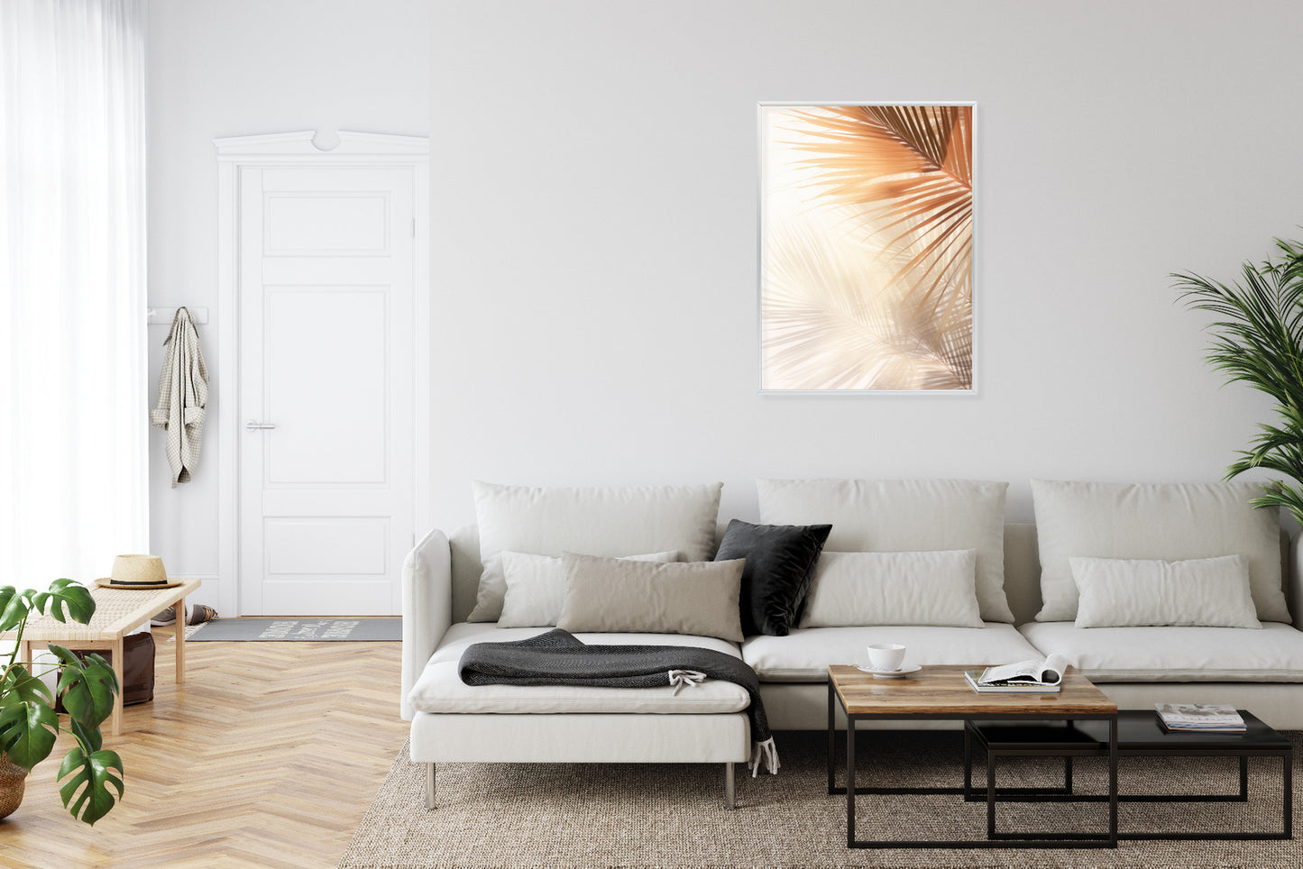 Poster Tropische Palmblätter Mit Schatten Rahmen Holz Mit Passepartout Farbe Natürlich