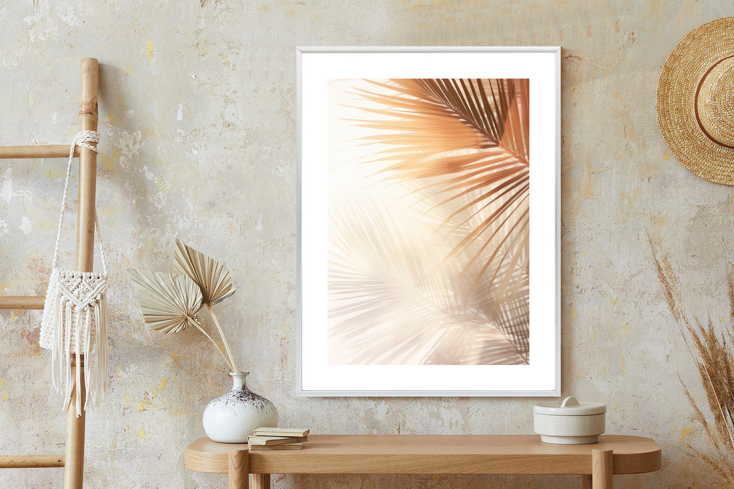 Poster Tropische Palmblätter Mit Schatten Rahmen Holz Mit Passepartout Farbe Natürlich