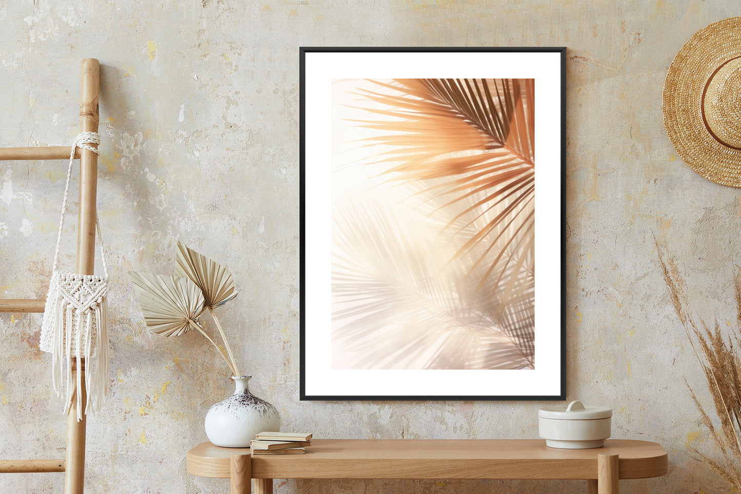 Poster Tropische Palmblätter Mit Schatten Rahmen Holz Mit Passepartout Farbe Natürlich
