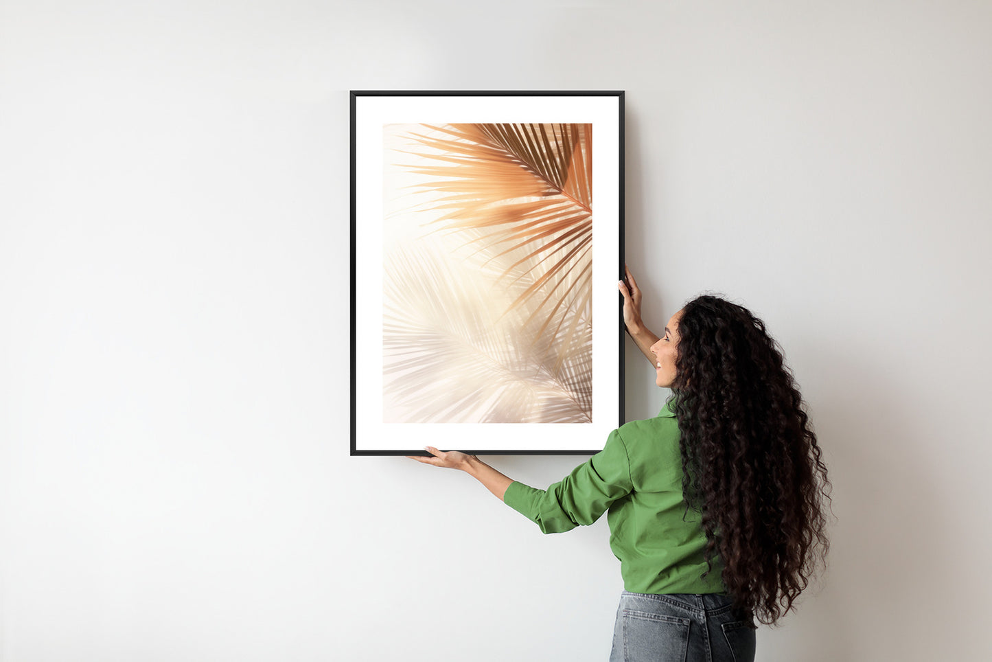Poster Tropische Palmblätter Mit Schatten Rahmen Holz Mit Passepartout Farbe Natürlich
