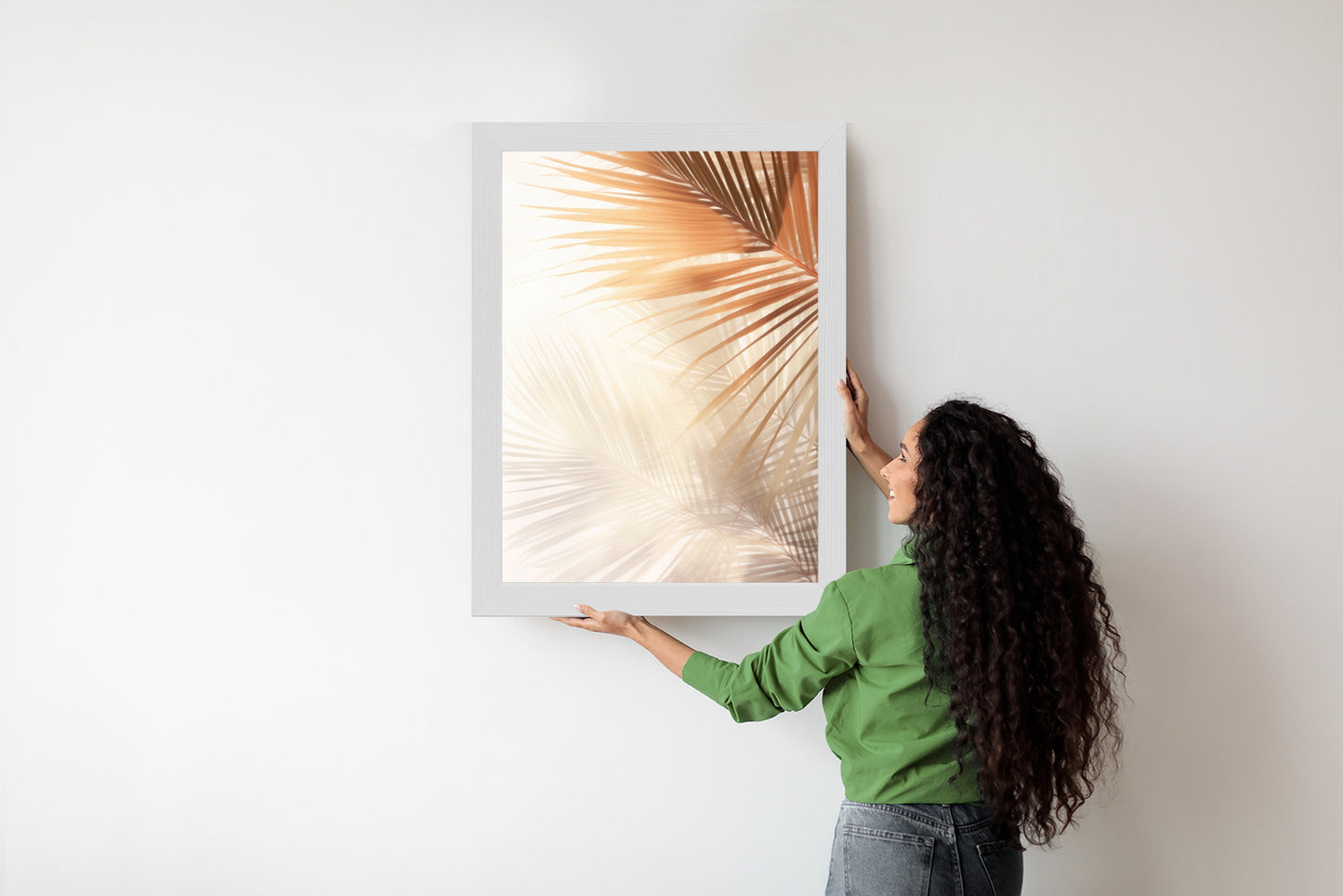 Poster Tropische Palmblätter Mit Schatten Rahmen Holz Mit Passepartout Farbe Natürlich
